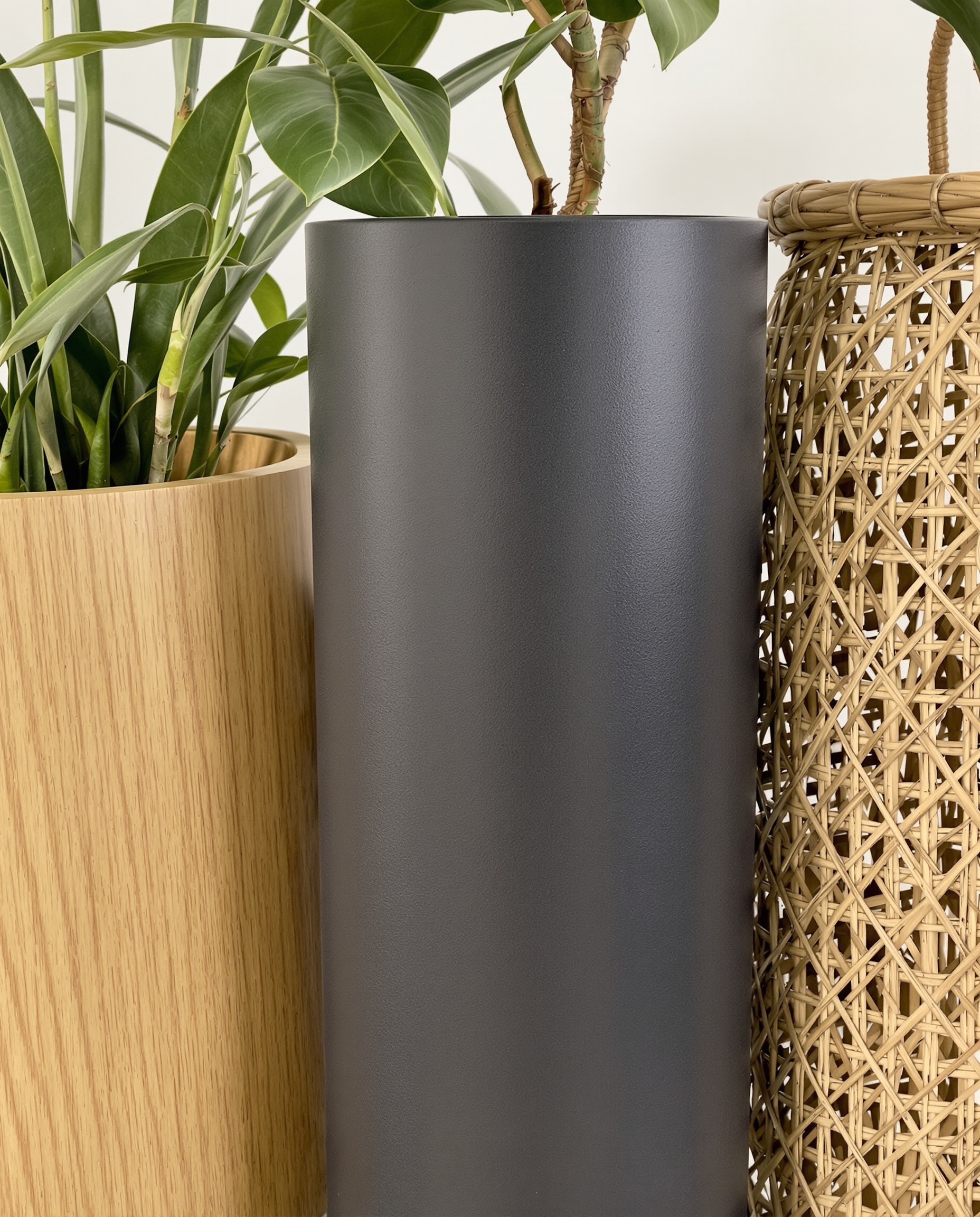 Gros plan sur trois types de supports de plantes côte à côte, mettant en valeur la texture des matériaux : un en bois de chêne clair, un en métal noir mat et un en rotin tressé.