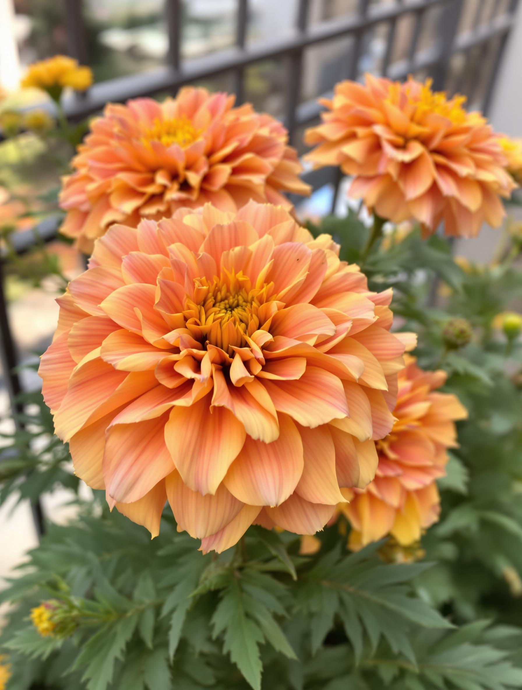 Capitules 'Strawberry Blonde' avec dégradé saumon-pêche, lumière naturelle.