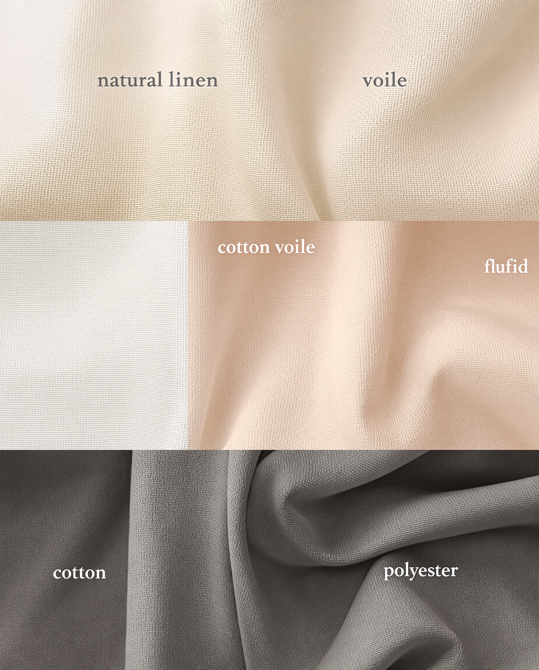 Comparatif texture et tombé lin coton polyester pour rideau blanc transparent
