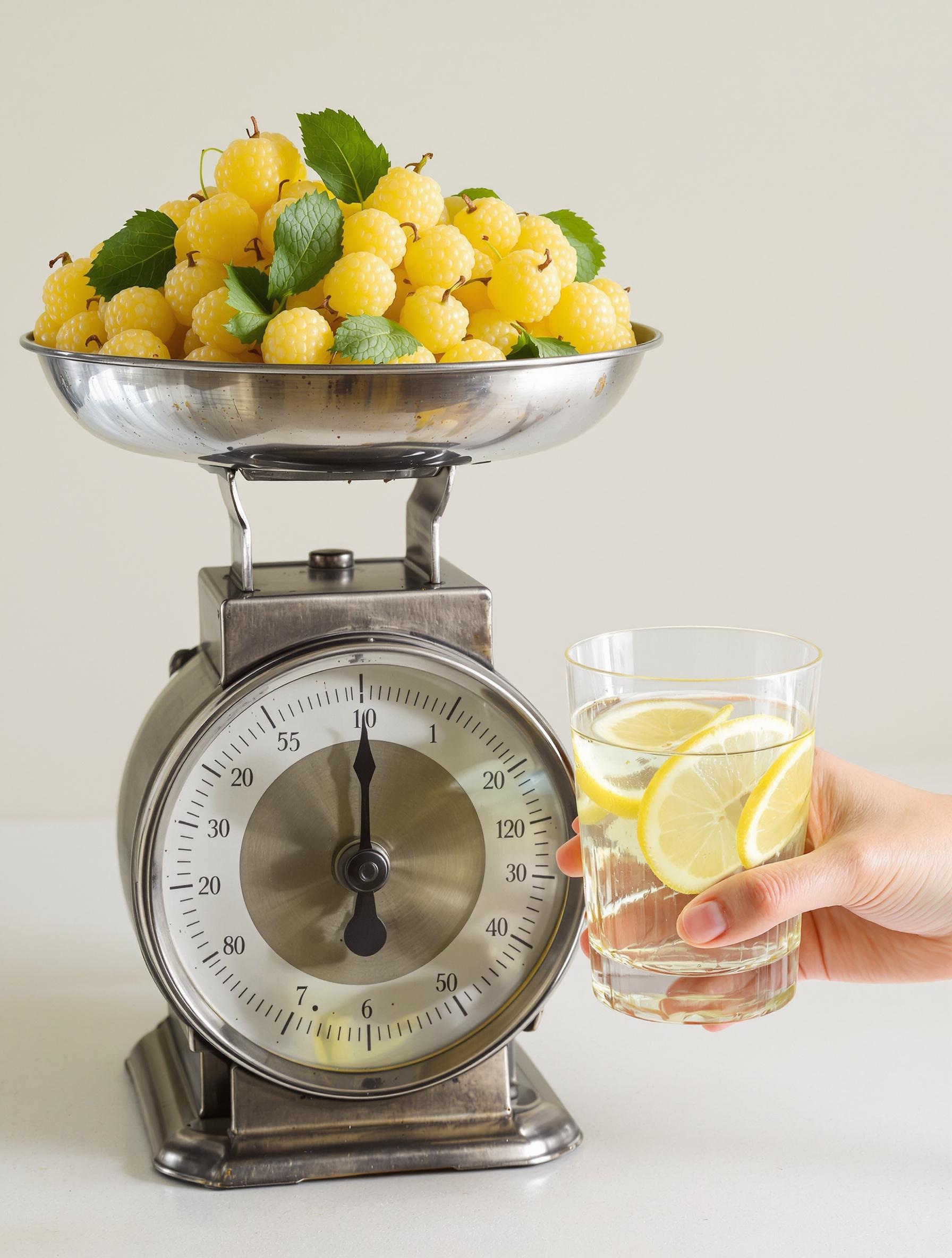 Groseilles à maquereau fraîches avec un verre d'eau citronnée sur une balance vintage