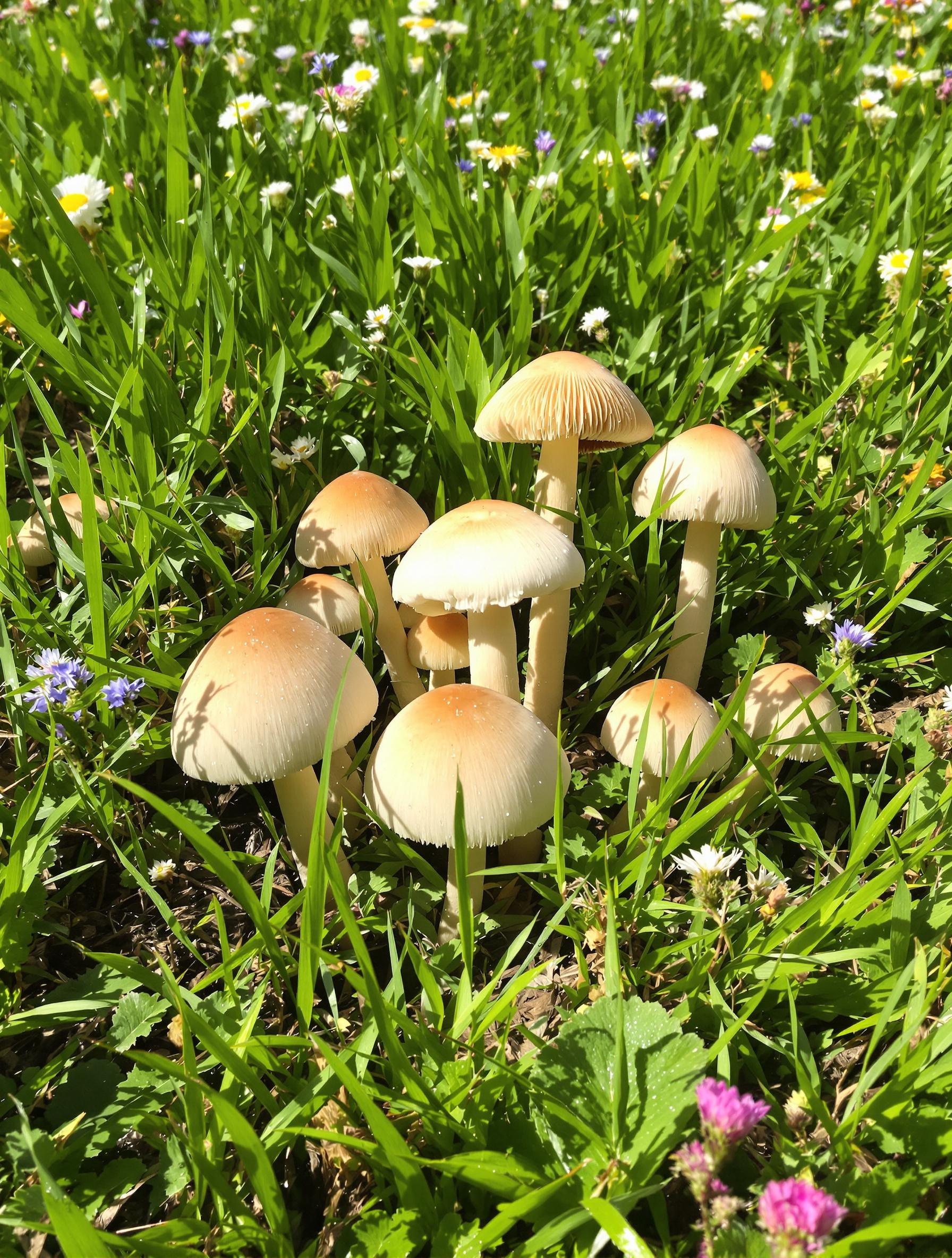 Groupe d'Agarics des jachères formant un cercle en prairie