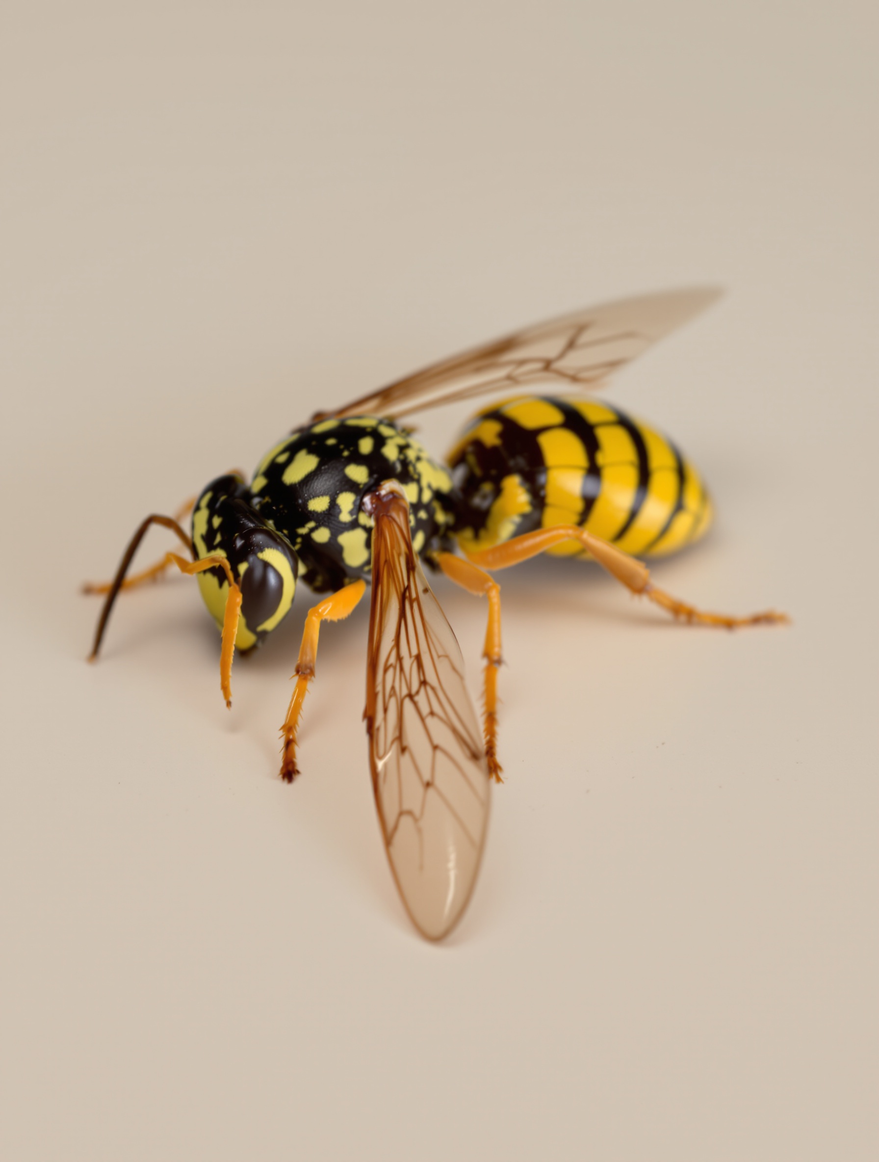 Photographie d'une Guêpe Commune (Vespula vulgaris) reconnaissable à ses bandes noires et jaunes vives et à son abdomen marqué.