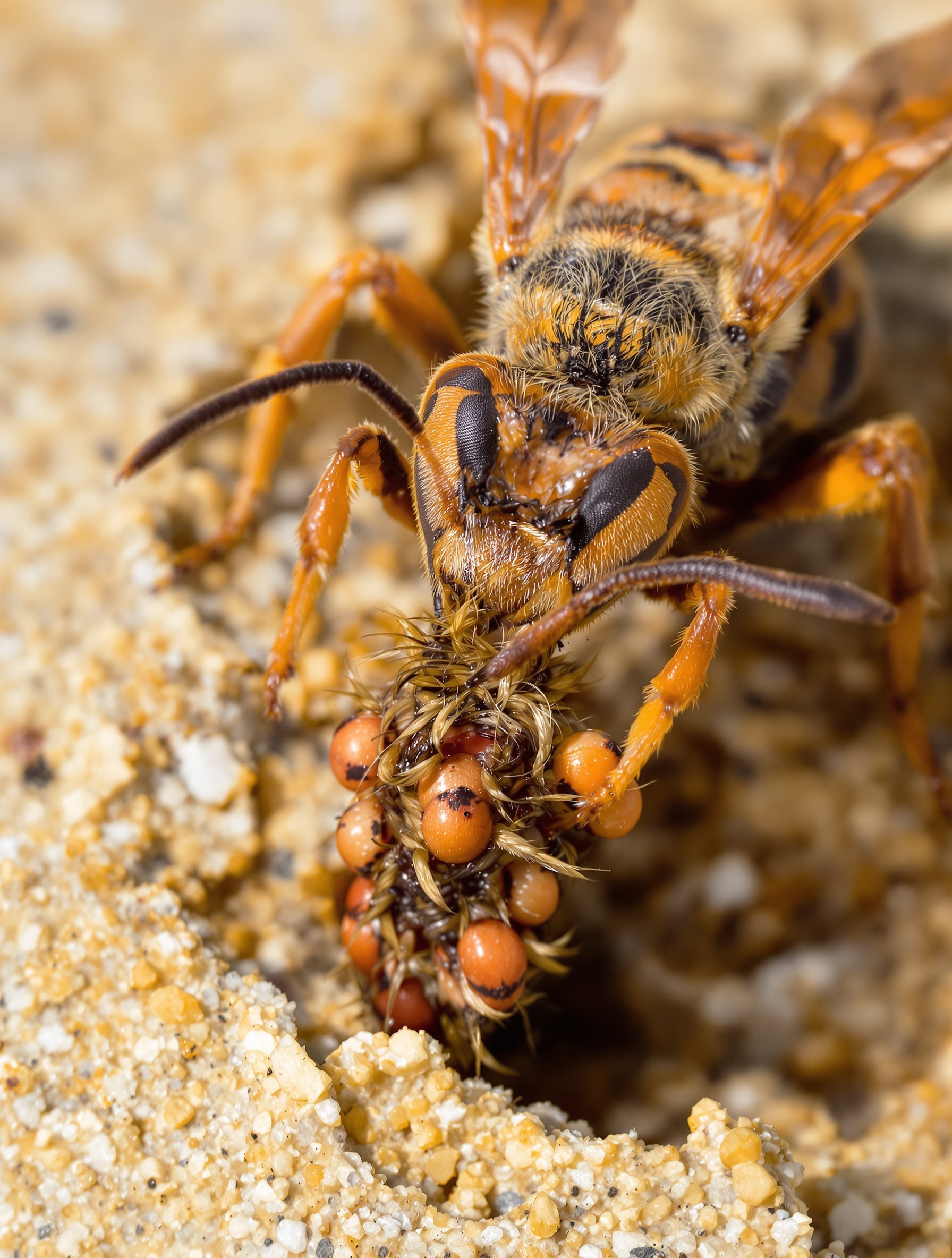 Photographie d'une guêpe fouisseuse (Sphecidae) en train de transporter une proie (araignée ou chenille) vers son nid.
