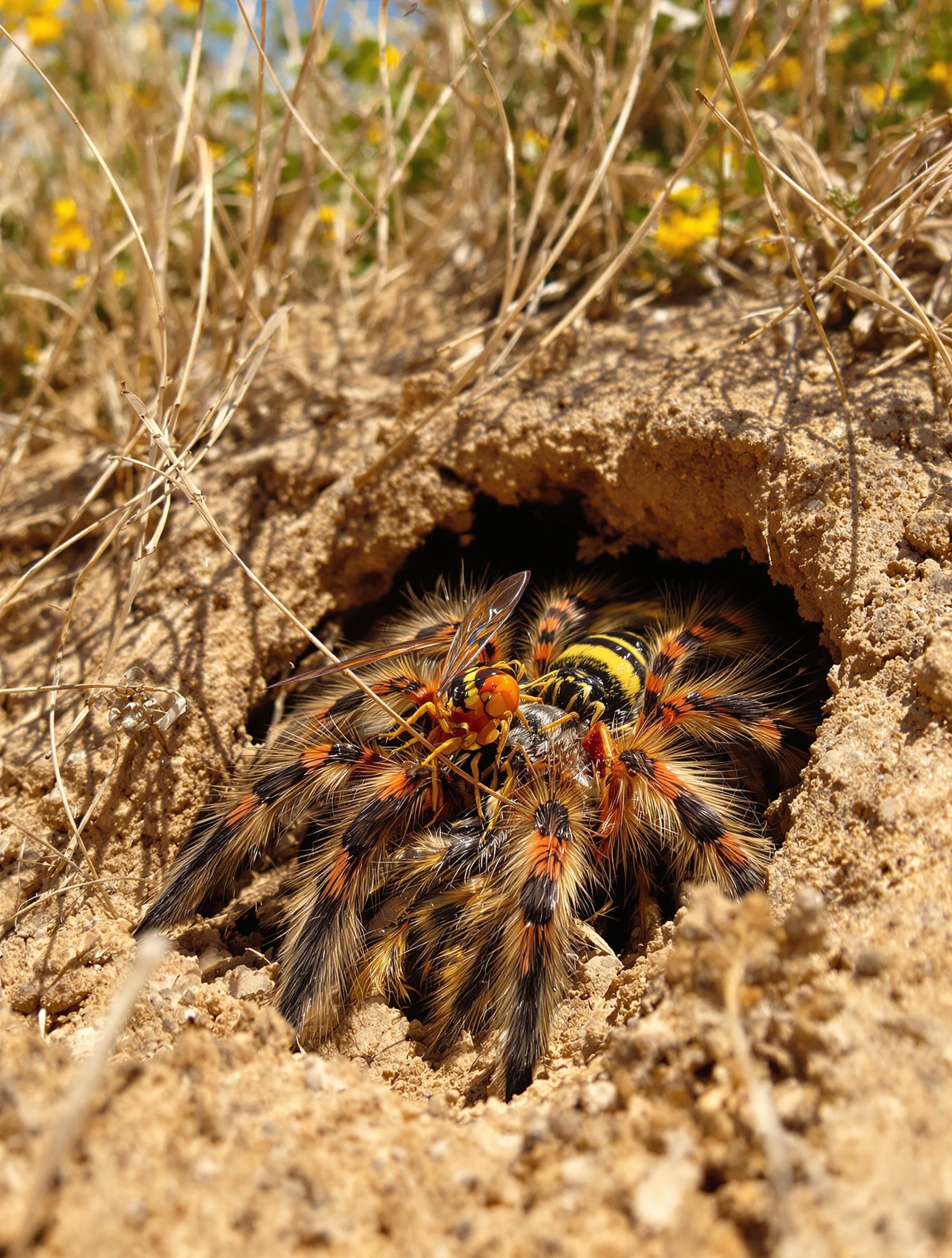 Guêpe pompile attaquant une mygale de Provence sous l’œil d’un lézard curieux