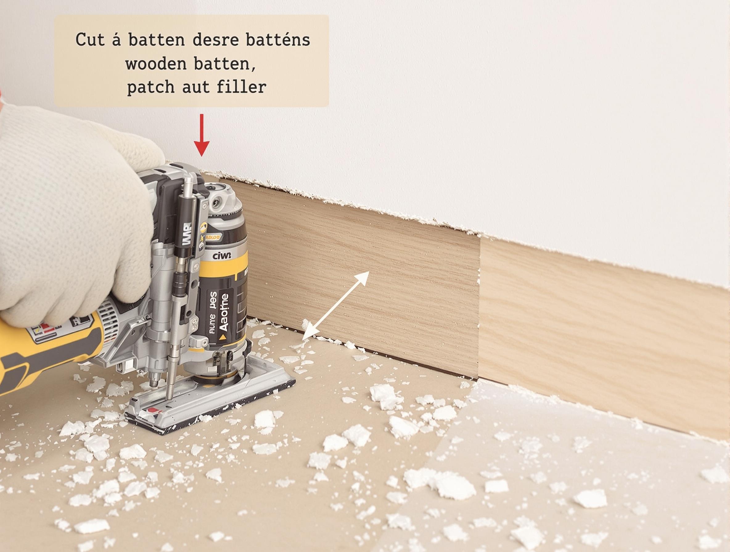 Guide visuel de découpe et insertion de tasseau bois derrière une plaque de placo