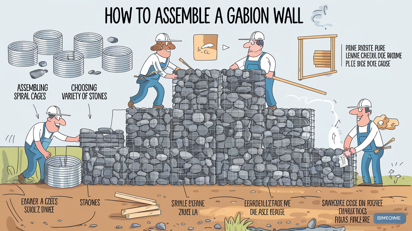 Montage étape par étape mur gabion chantier décalé