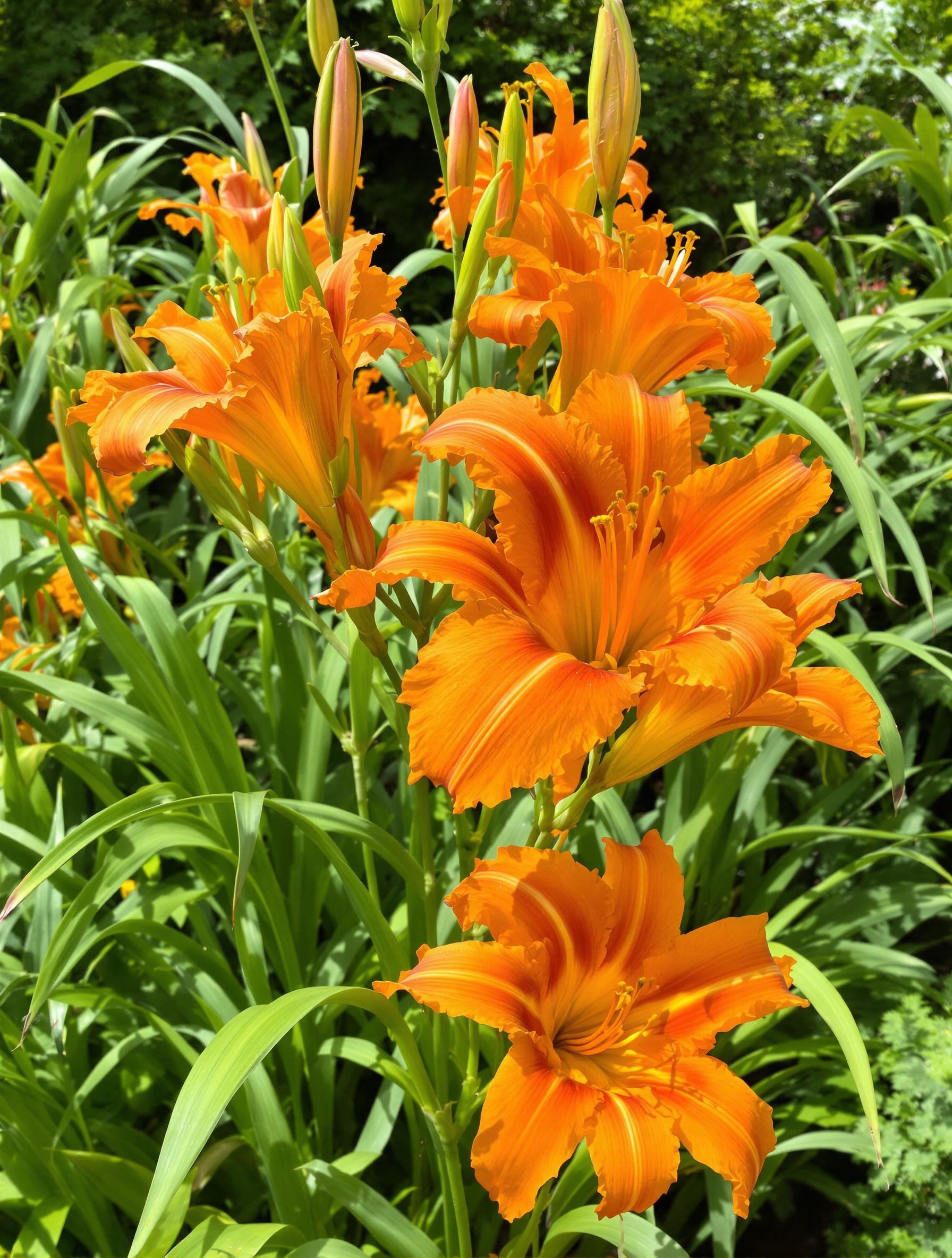 Hémérocalle fauve en pleine floraison, avec des fleurs orange éclatantes et un feuillage dense.