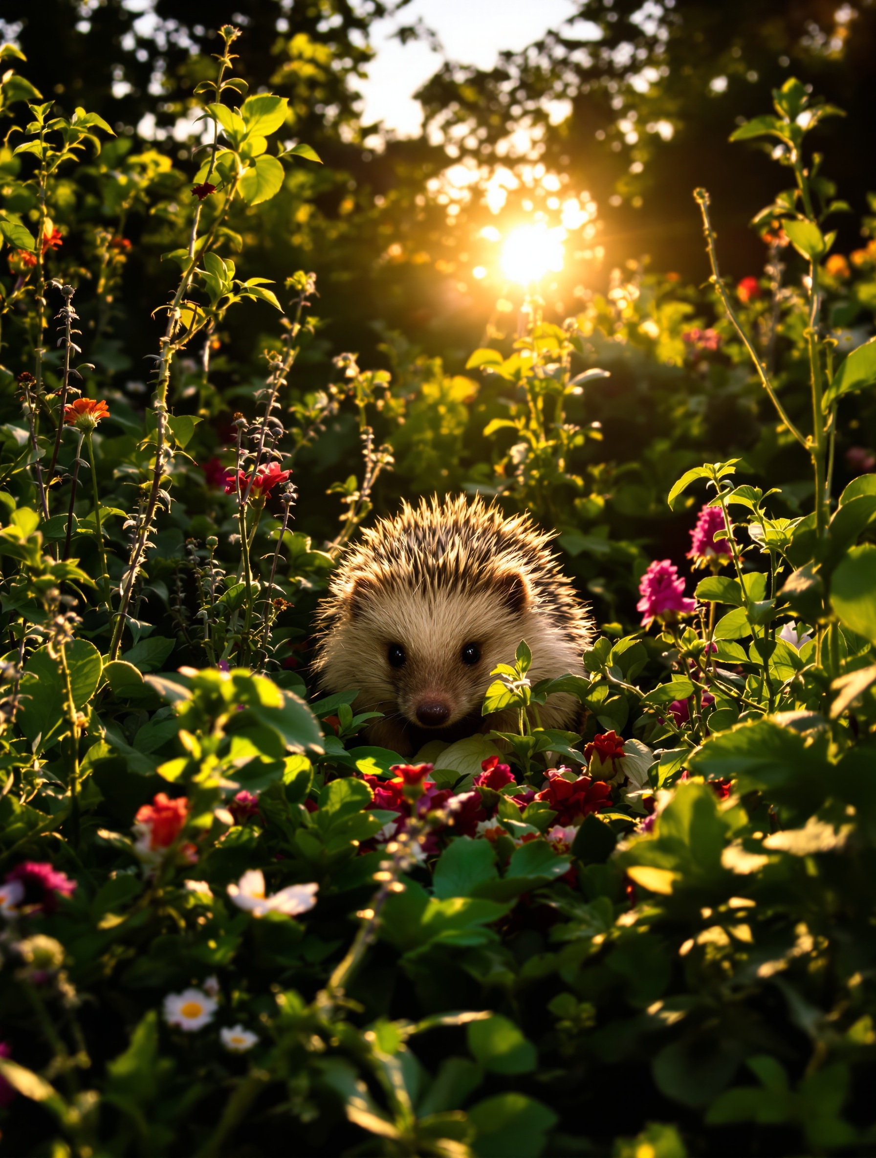 Un hérisson réaliste dans un jardin mystérieux et lumineux