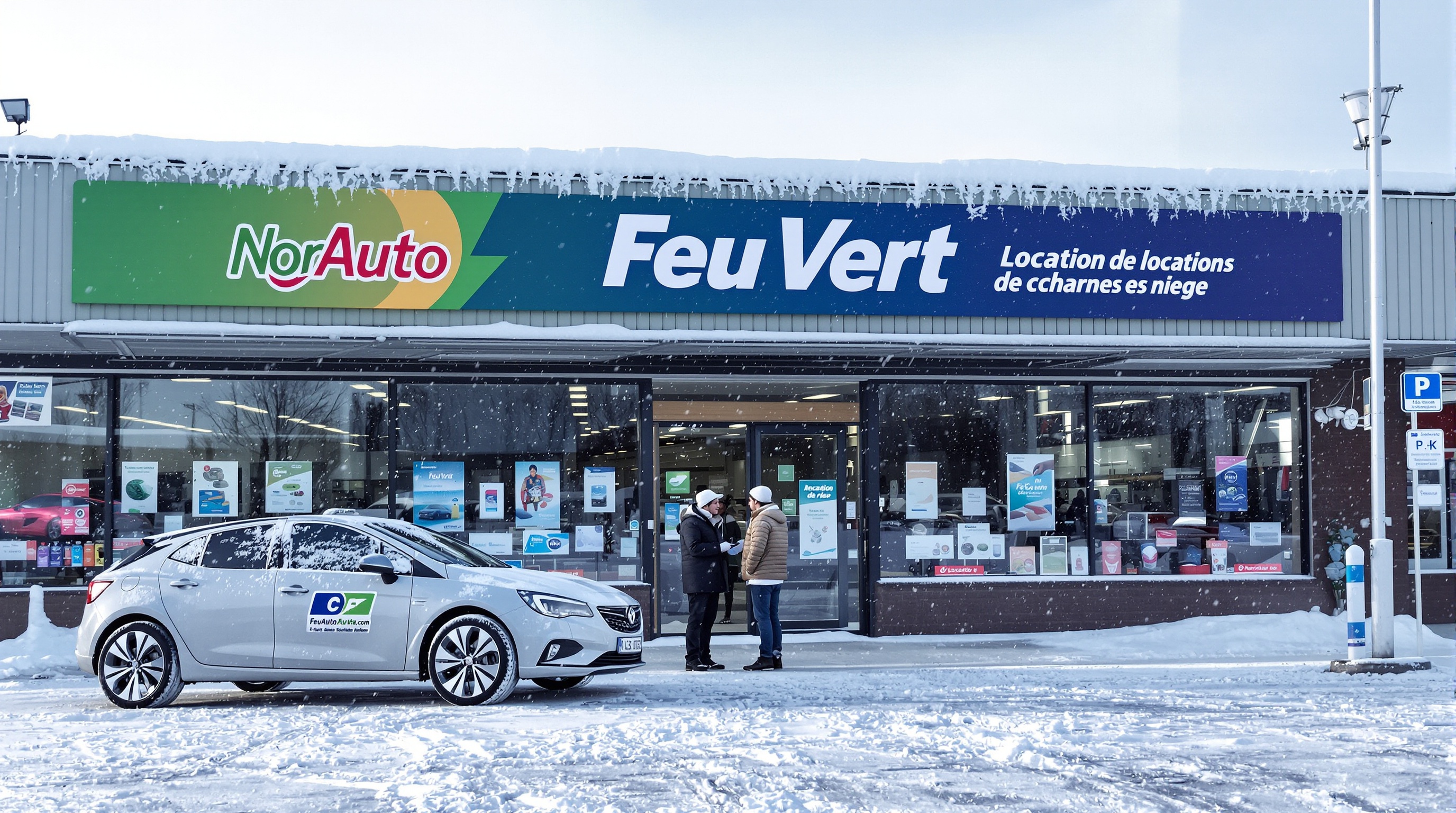 Client devant magasin Norauto en train de consulter une affiche 'Location chaînes neige'.