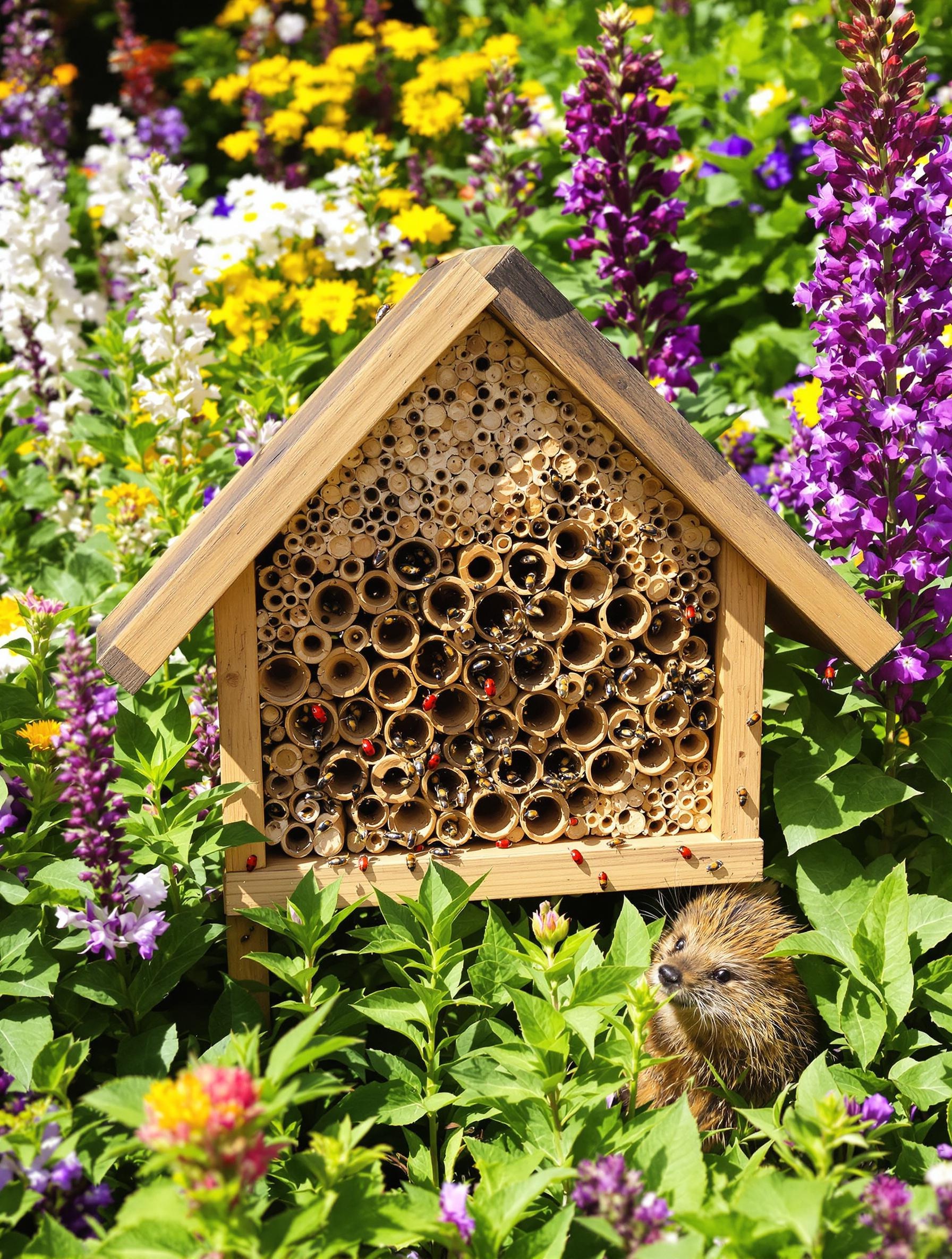 Hôtel à insectes artisanal entouré de plantes mellifères