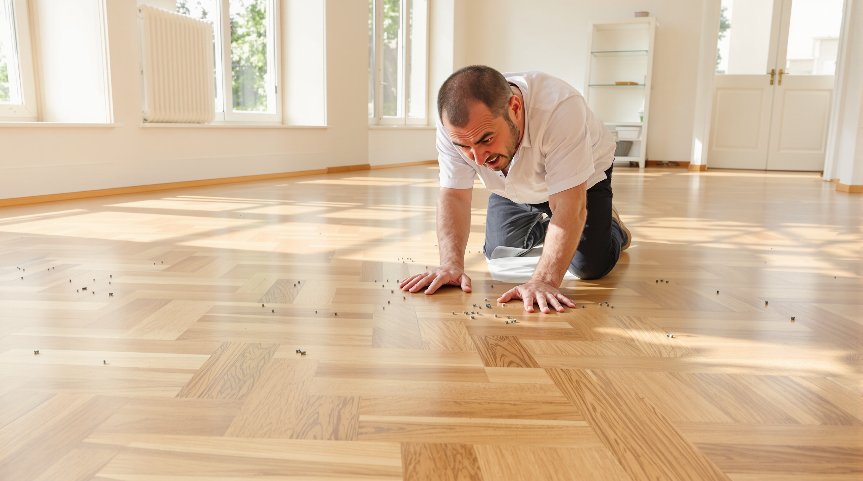 personne désespérée cherchant des vis minuscules sur un sol en parquet