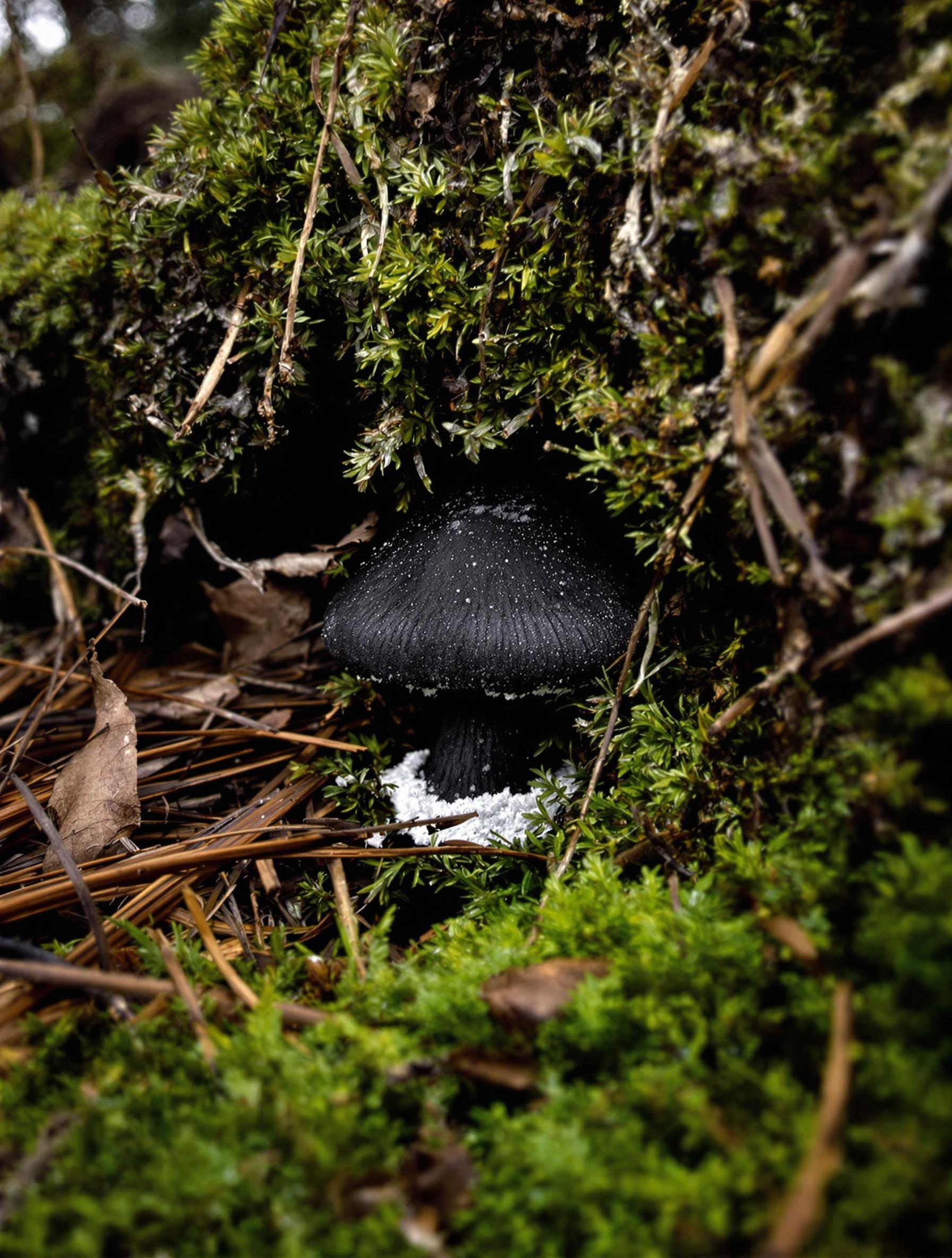 Hygrophore de mars camouflé sous la mousse et les aiguilles, exemple de camouflage mycorhizique