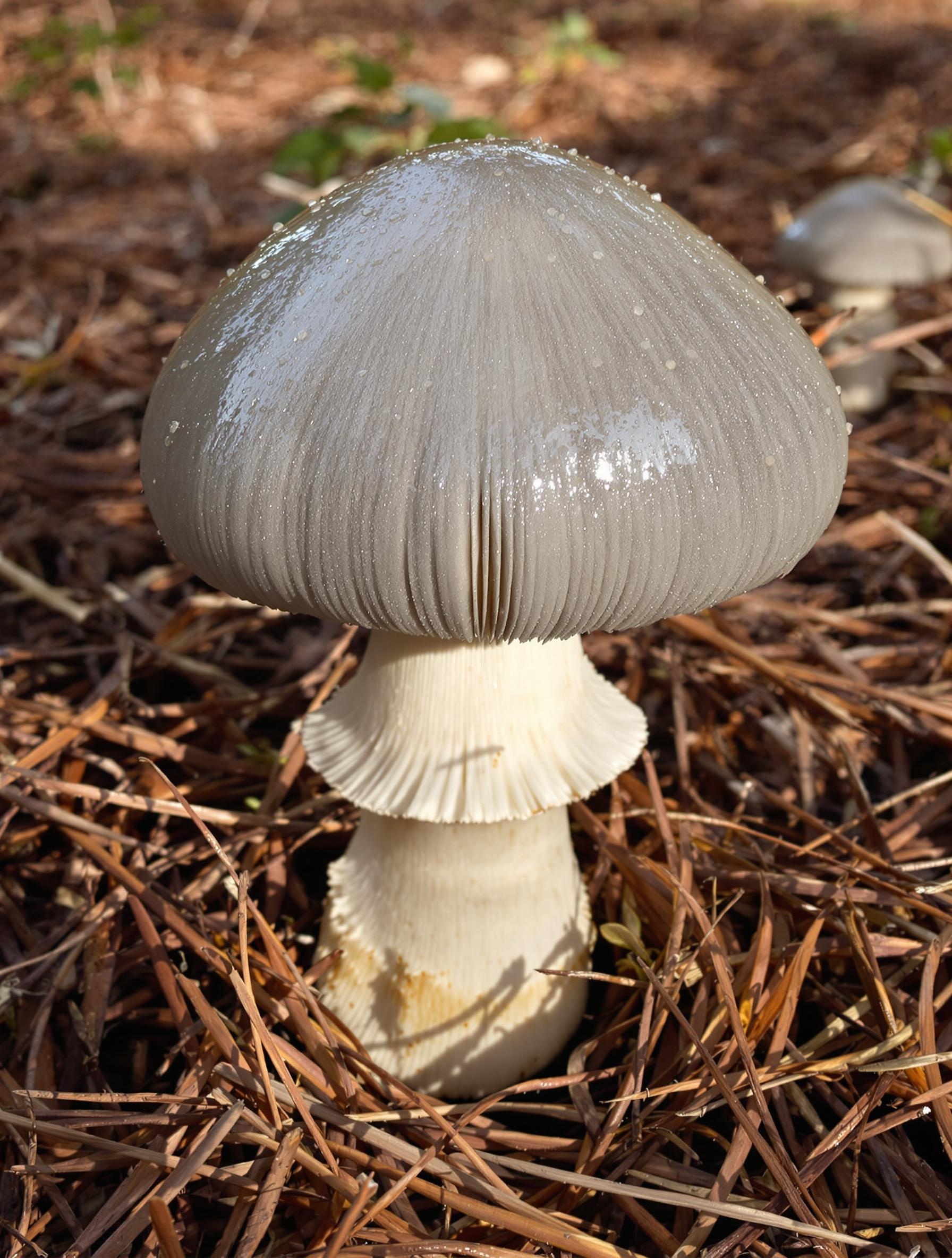 Chapeau visqueux de l'Hygrophore de mars sur une litière d'aiguilles