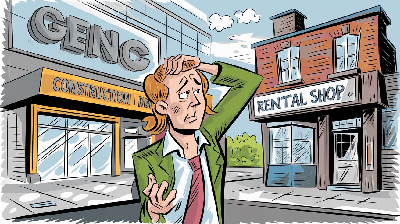 Choix entre grande agence et loueur local indépendant, avec particulier hésitant – style BD