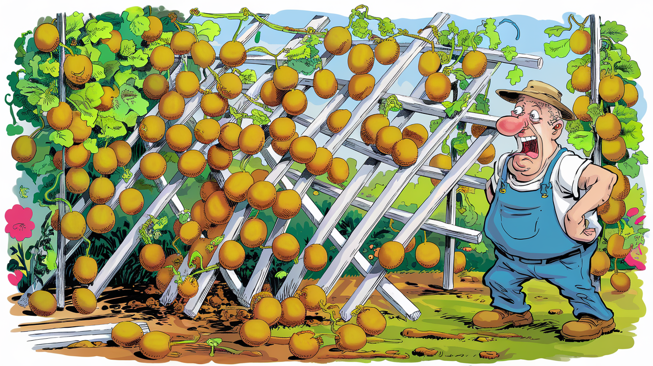 illustration humoristique d'un support de palissage de kiwi qui s'effondre sous le poids des fruits, avec un jardinier dépité à côté