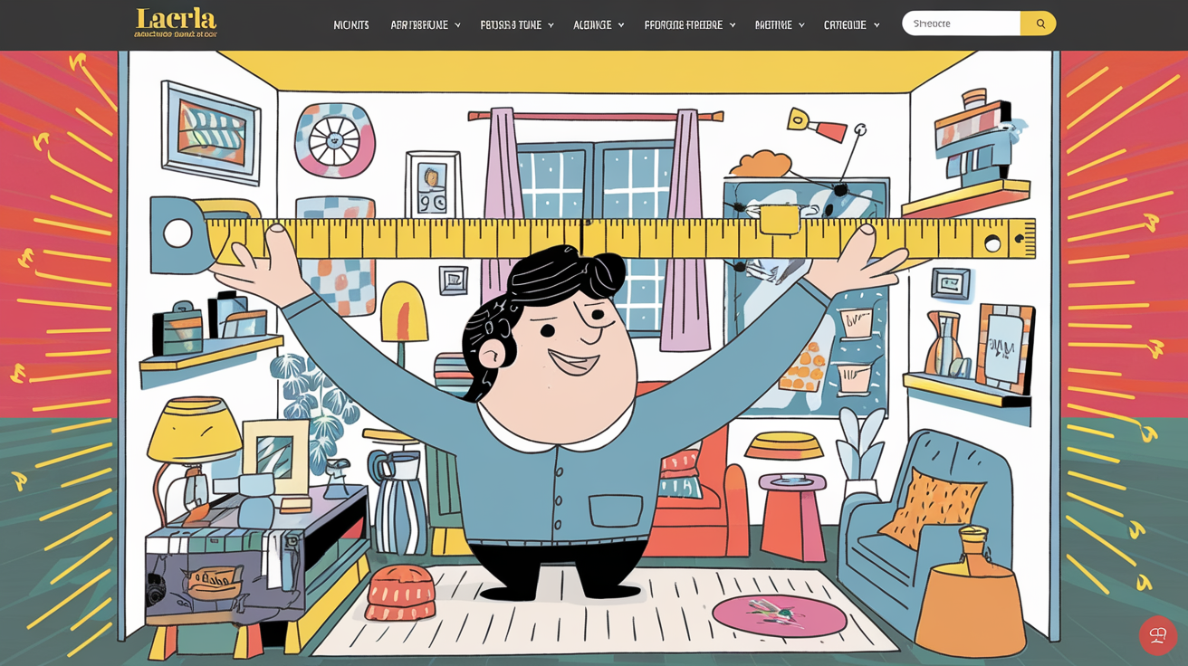 personne fière mesurant un salon minuscule avec un mètre ruban géant dans une ambiance légère