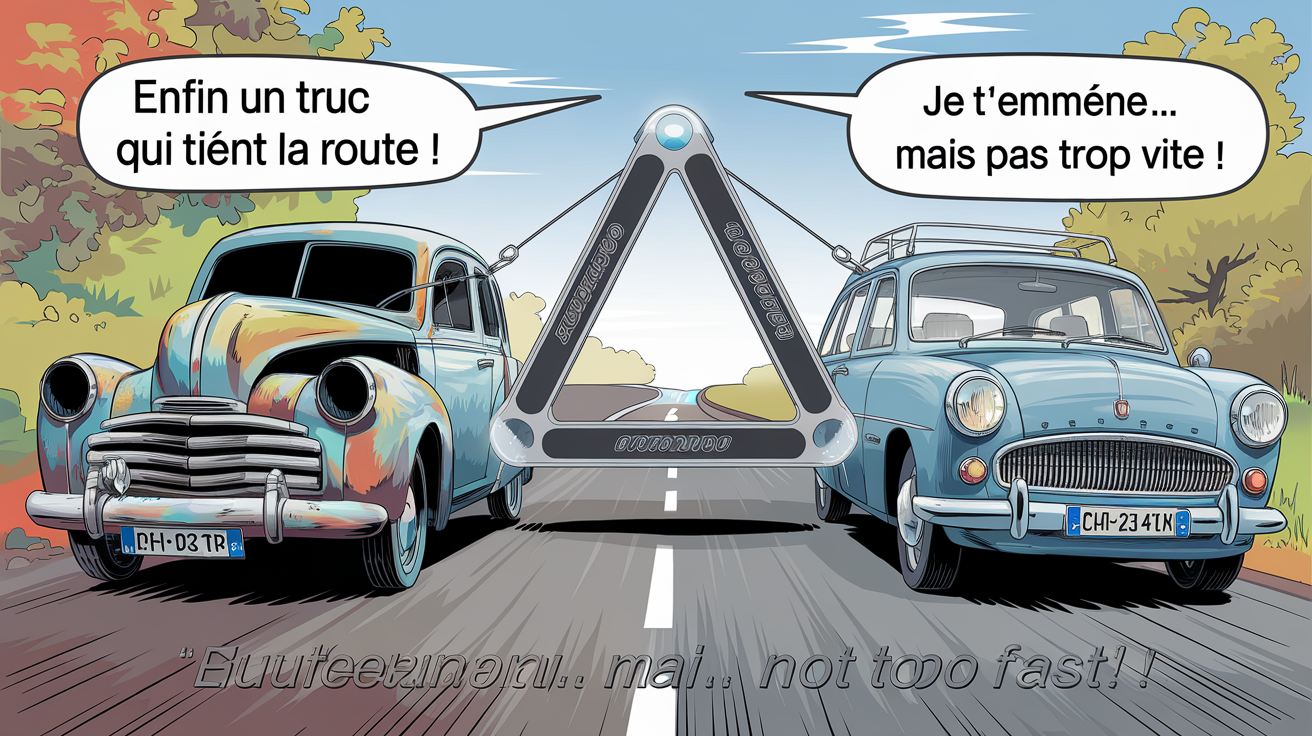 Illustration humoristique et professionnelle d’un triangle de remorquage autonome flambant neuf entre une vieille voiture en panne et un break familial sur une route de campagne française, avec des bulles humoristiques.