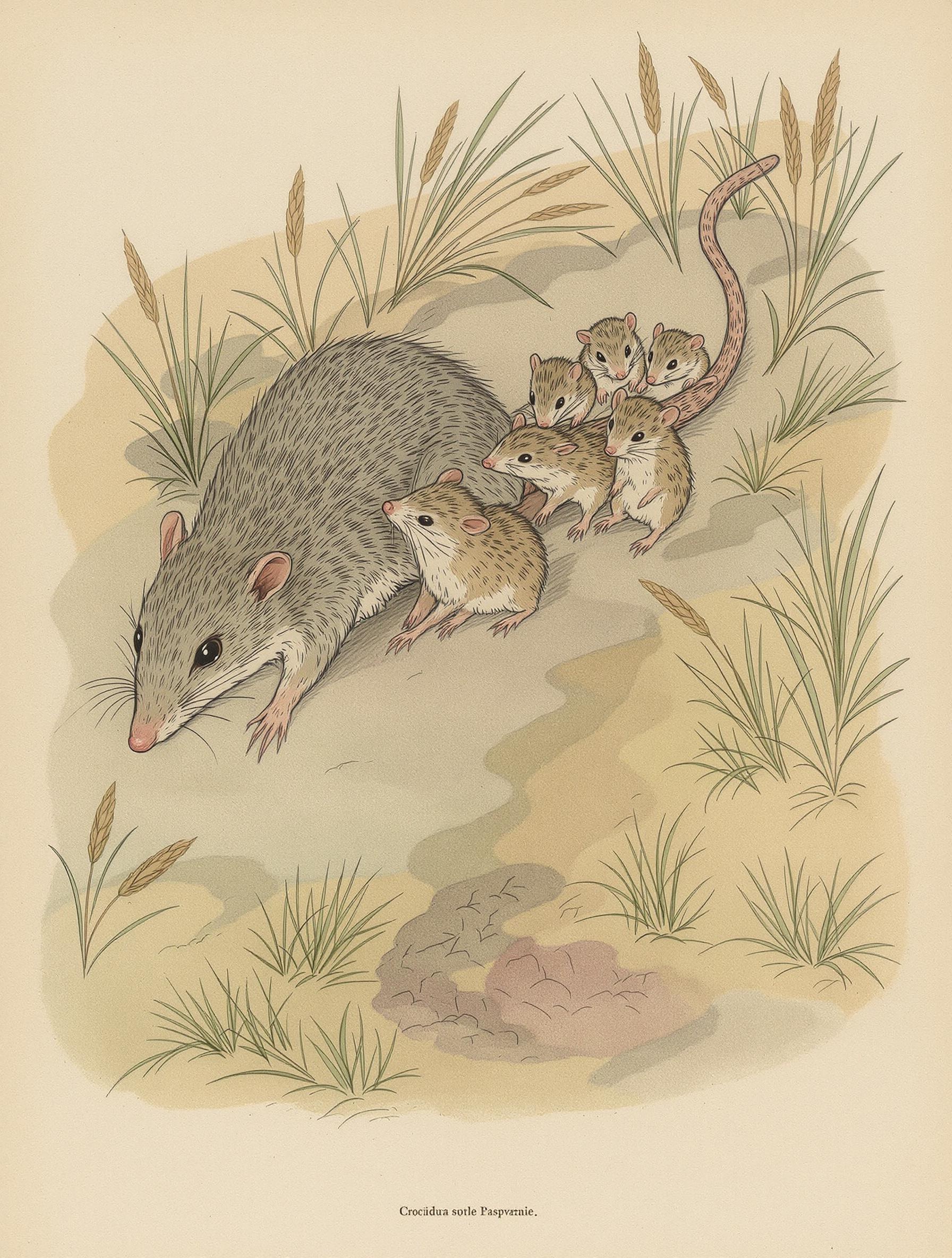 Illustration naturaliste montrant une musaraigne en file indienne avec ses petits