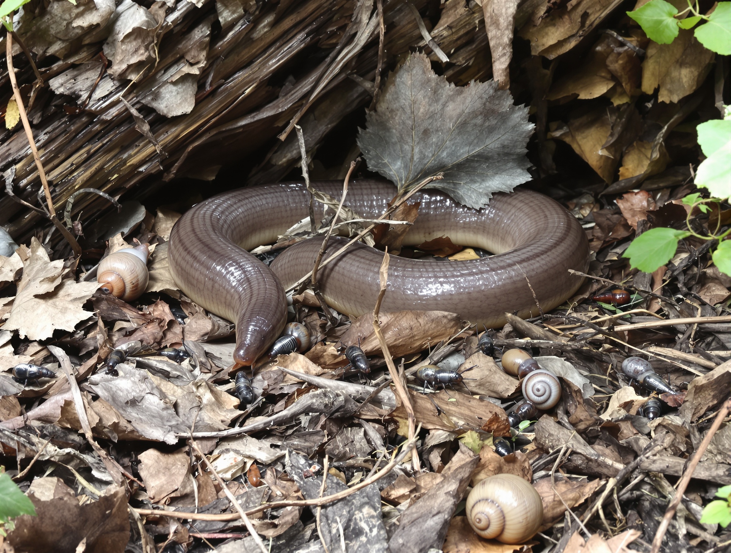 Orvet dans un jardin, entouré de limaces, escargots et insectes, près d'un tas de bois et de feuilles mortes.