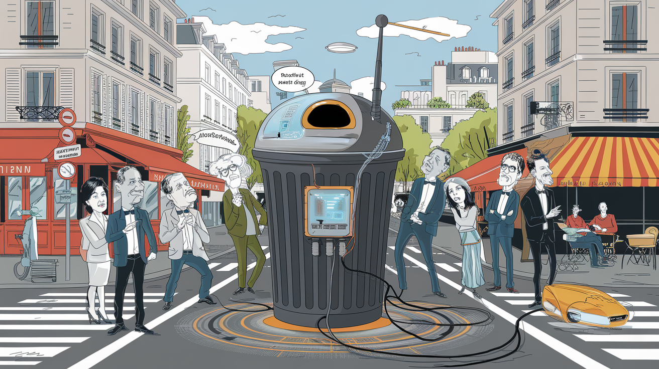 illustration satirique d'une poubelle à puce RFID entourée de citoyens sceptiques en France en 2025