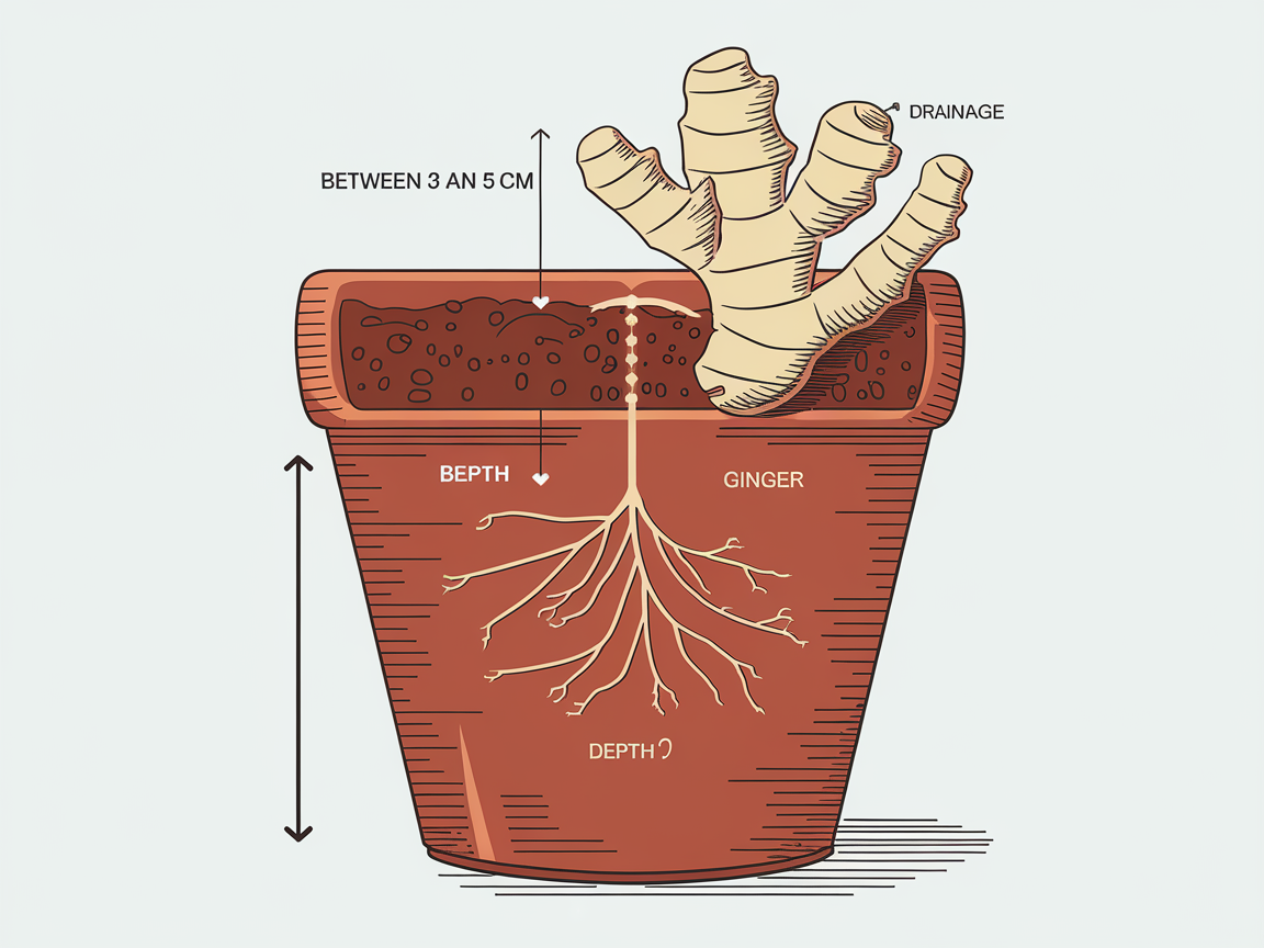 Illustration montrant la bonne profondeur et l'orientation d'un rhizome de gingembre lors de la plantation dans un pot.