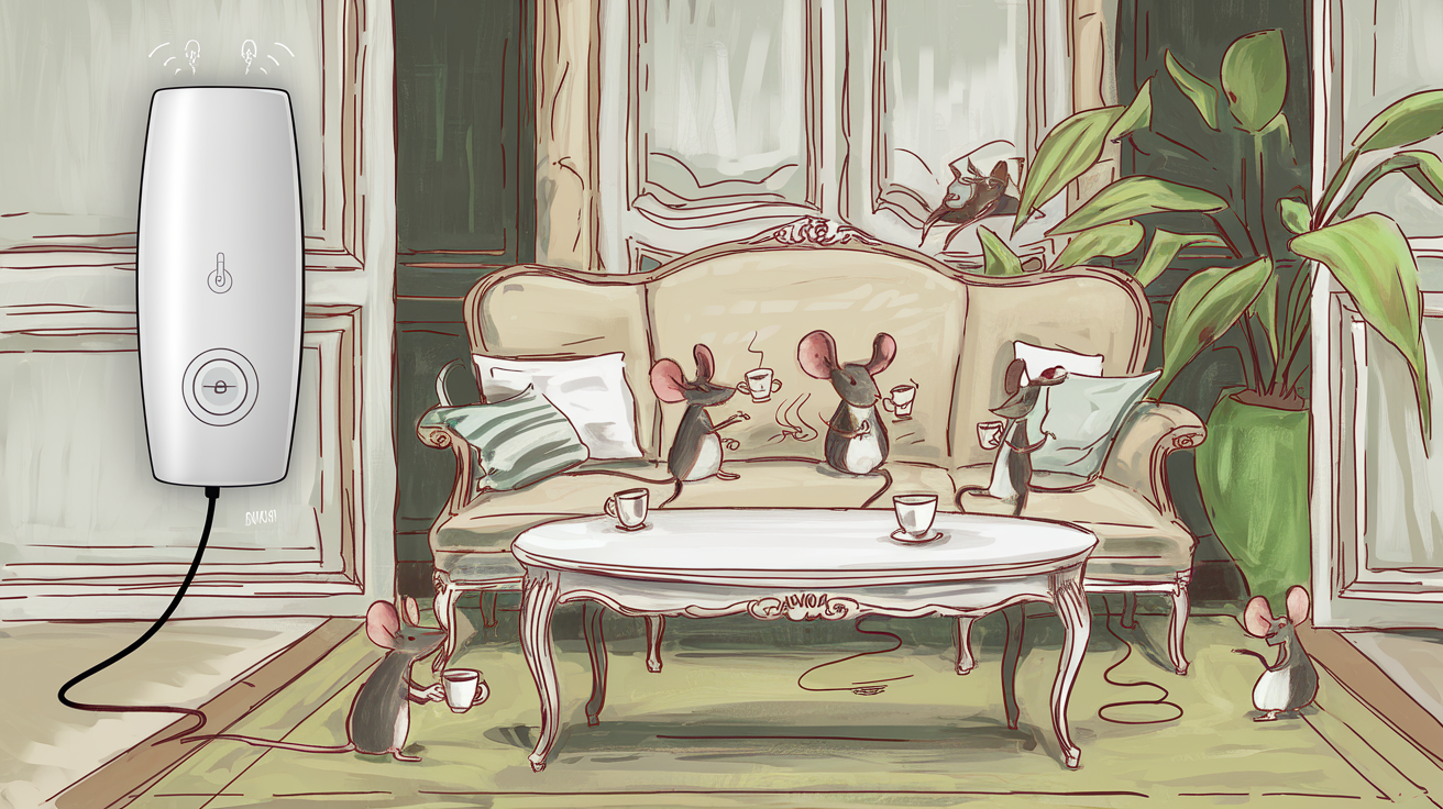Répulsif ultrason branché dans un salon entouré de souris qui discutent en buvant du café comme si de rien n'était.