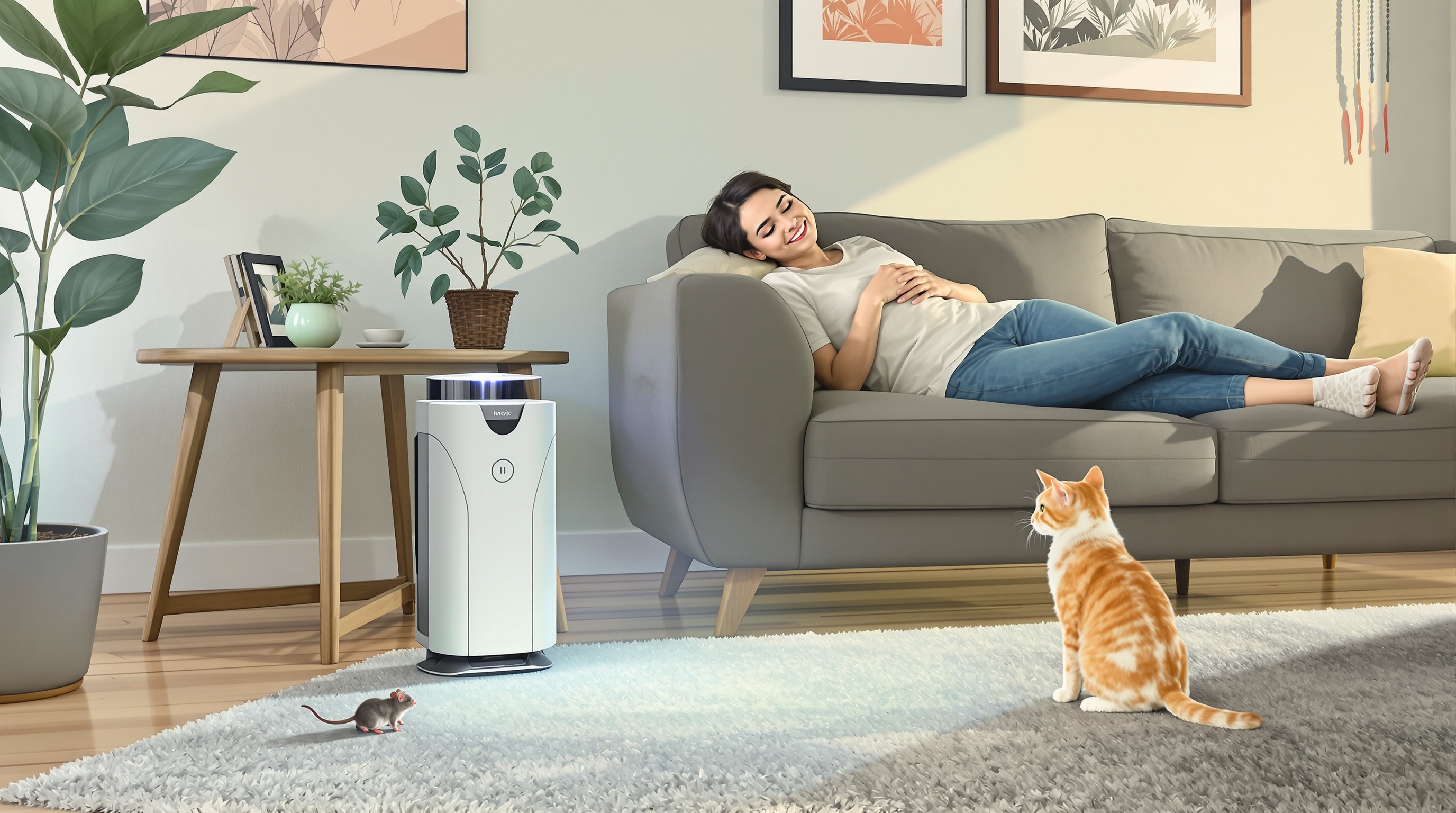 Salon moderne avec répulsif ultrason fièrement posé, souris hésitante et chat vigilant.