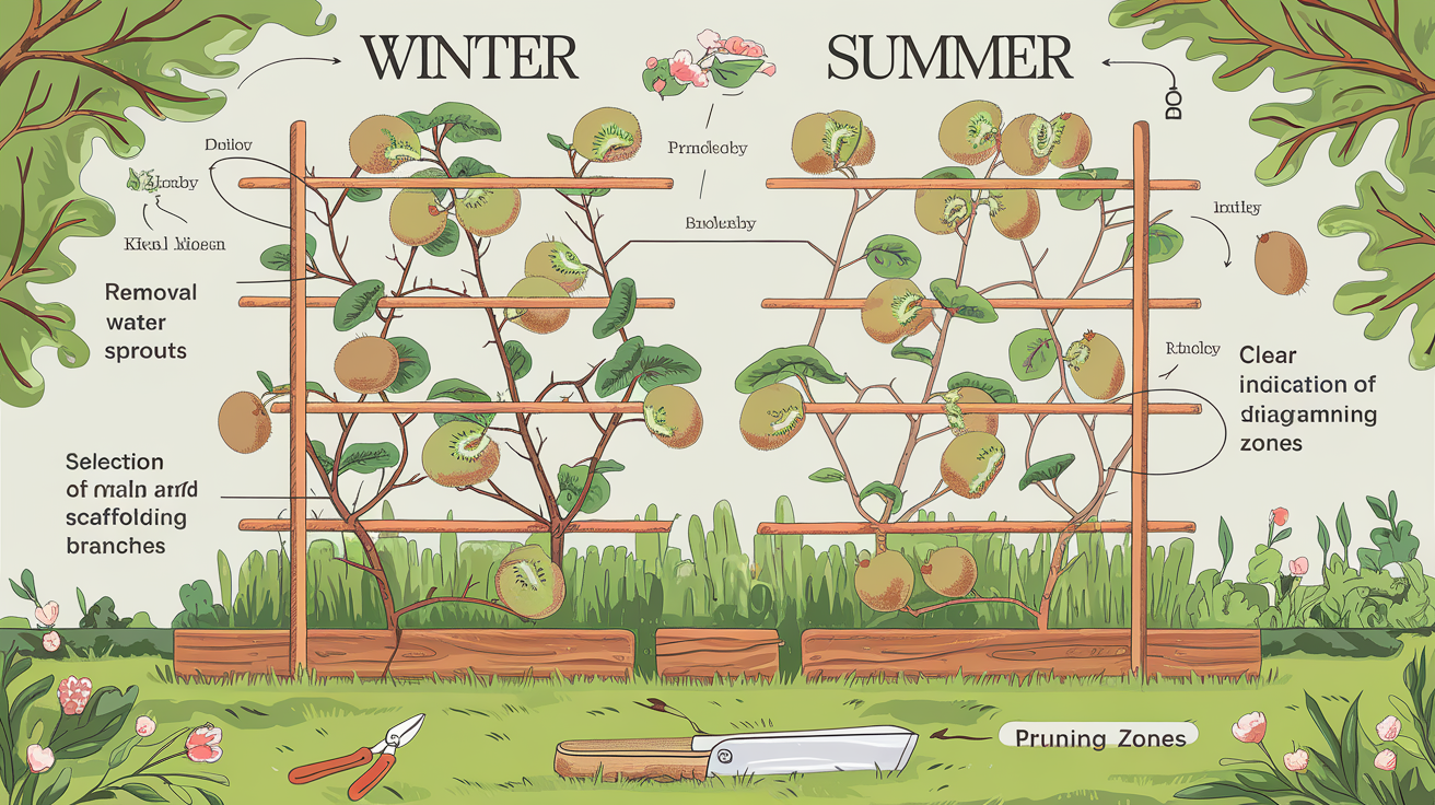 illustration taille hiver été kiwi palissé