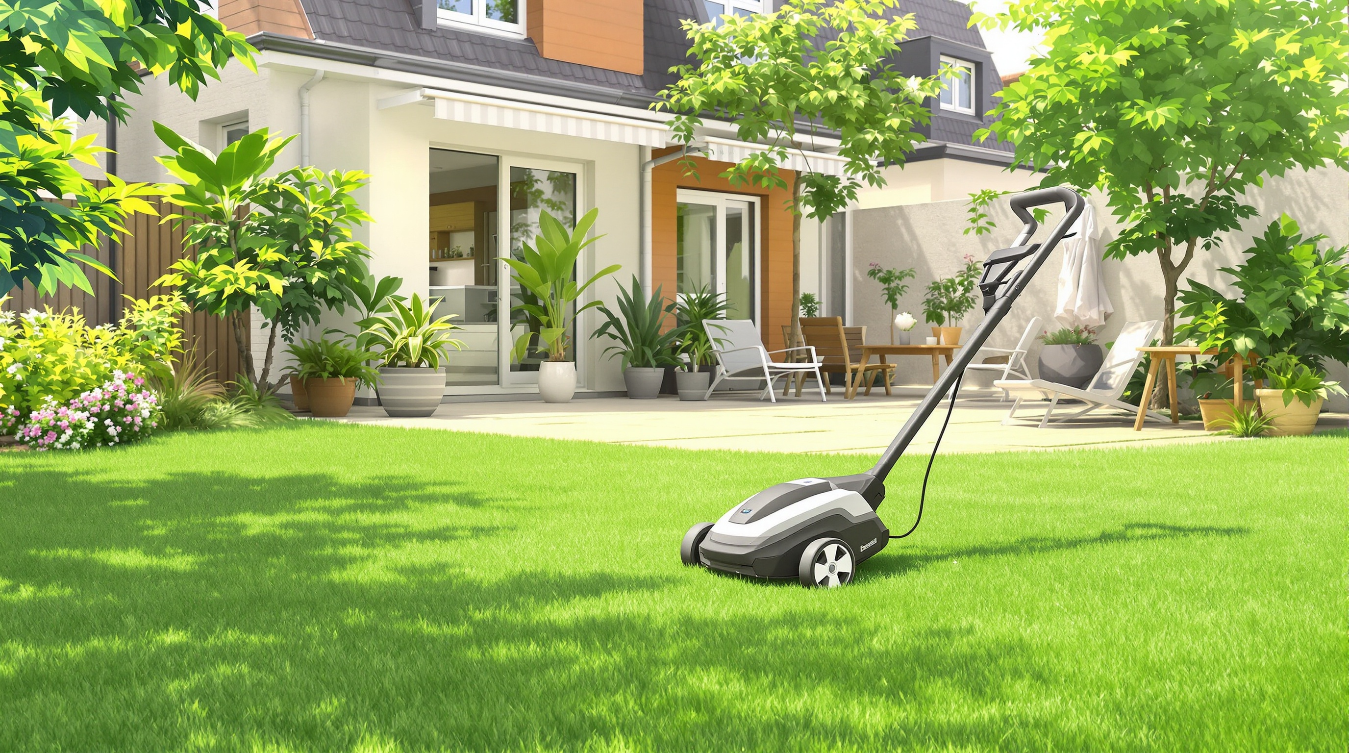 Illustration d'une tondeuse à gazon électrique moderne, avec son câble d'alimentation, idéale pour les jardins de taille modeste et les environnements recherchant le silence.