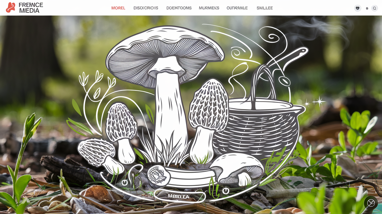 Illustration Oreille de cochon, morilles, poêle et panier en osier sur fond de sous-bois printanier