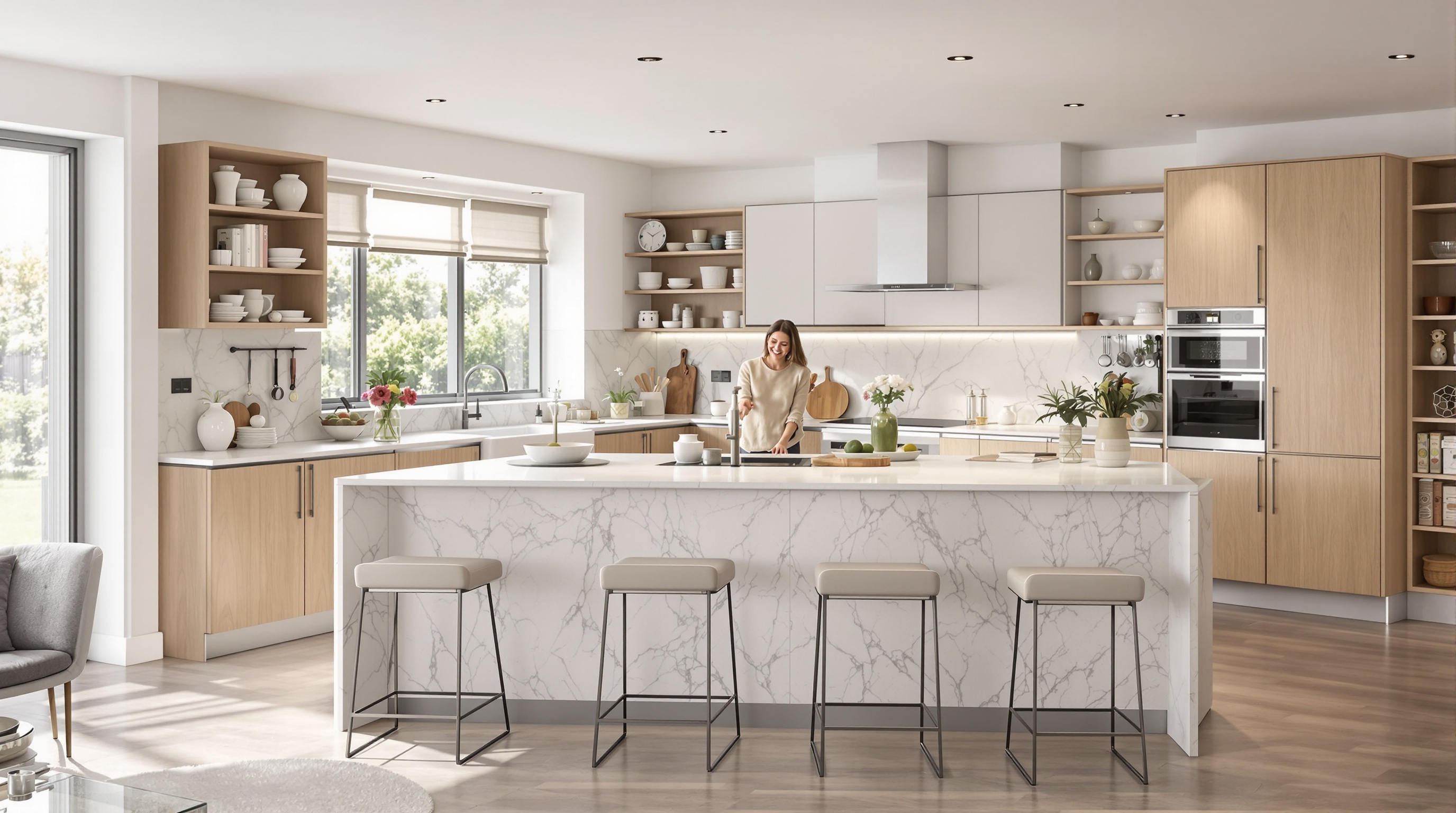 Îlot central cuisine multifonction quartz clair convivial famille hotte Bora