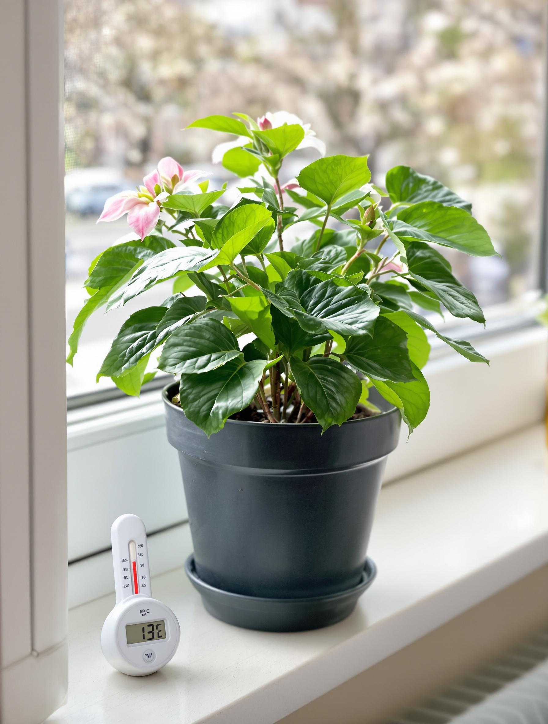 Impatiens hivernée sur rebord de fenêtre intérieure à 13°C