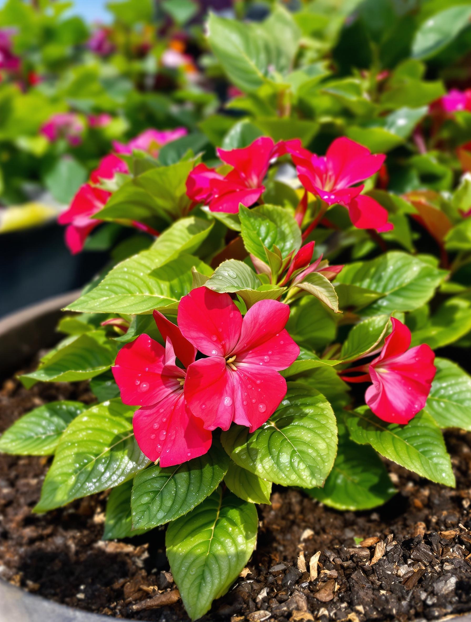 Impatiens de Nouvelle-Guinée en pleine floraison dans une jardinière urbaine