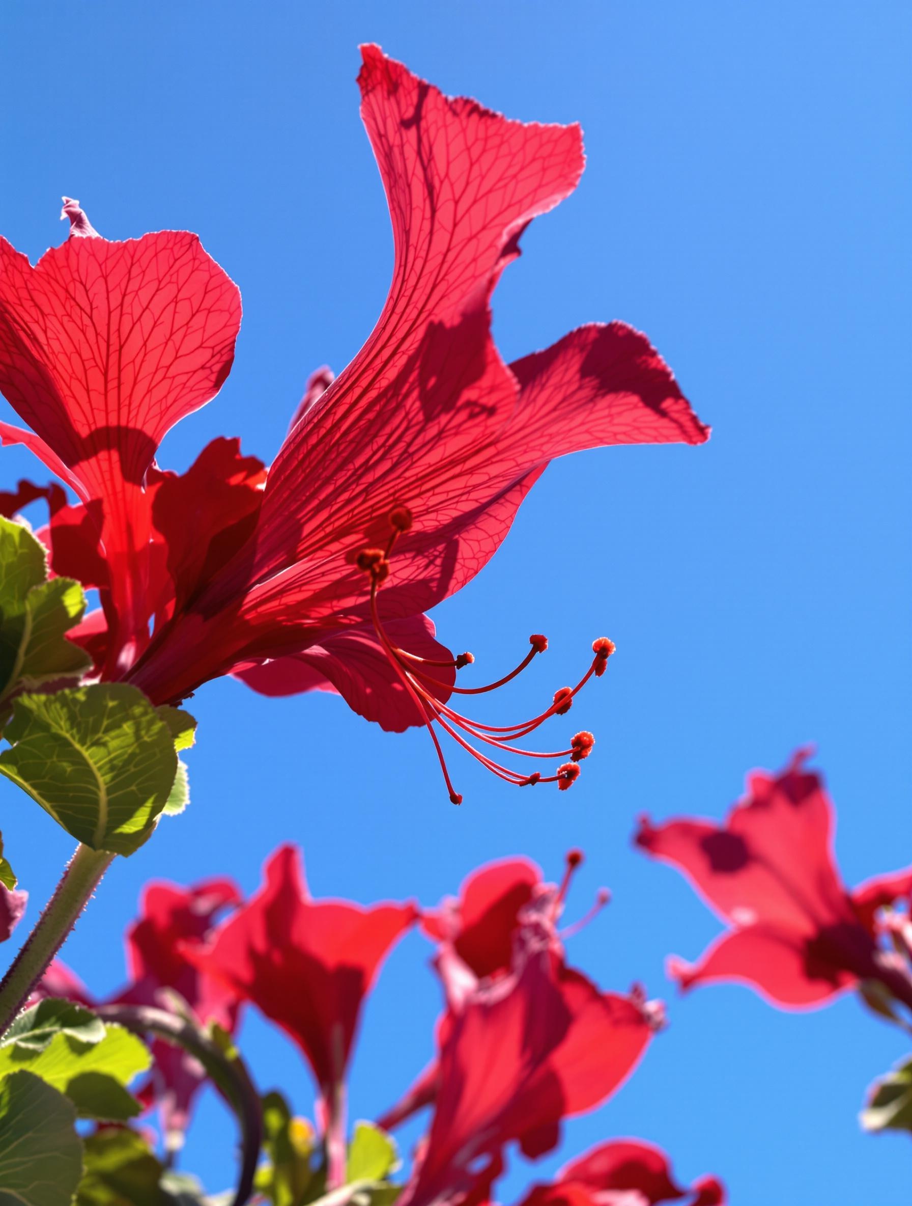 Fleurs écarlates de Delonix regia sous un ciel bleu, avec des pétales veinés et des étamines proéminentes