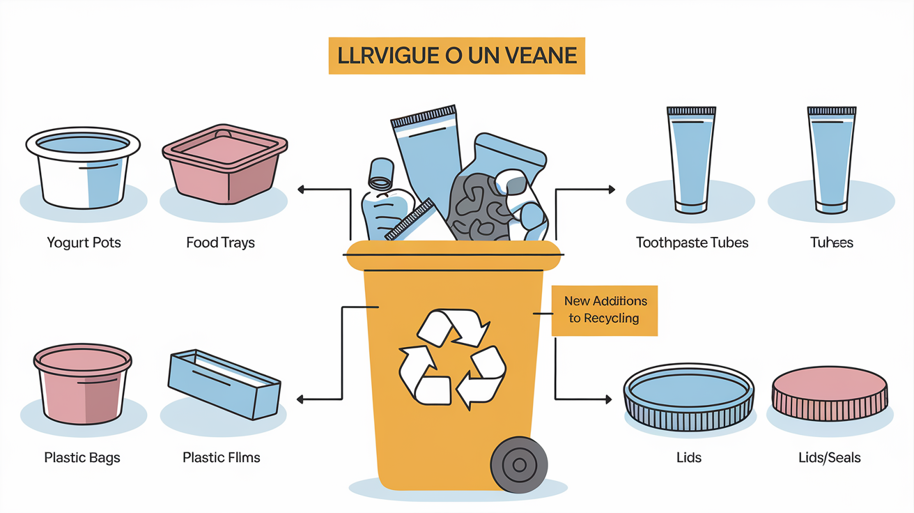Illustration visuelle montrant les types d'emballages acceptés dans la poubelle jaune dès 2025, avec une mise en avant des nouveautés.