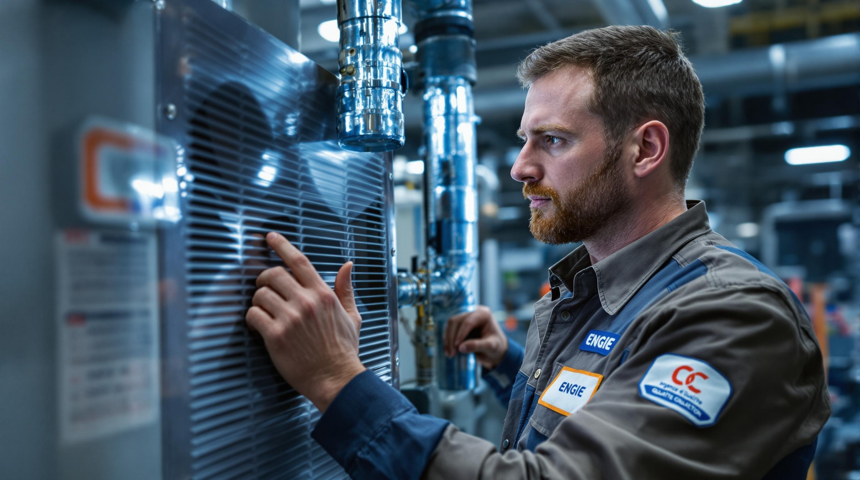 Installateur certifié dimensionnant une pompe à chaleur avec un badge AQC et ENGIE en arrière-plan