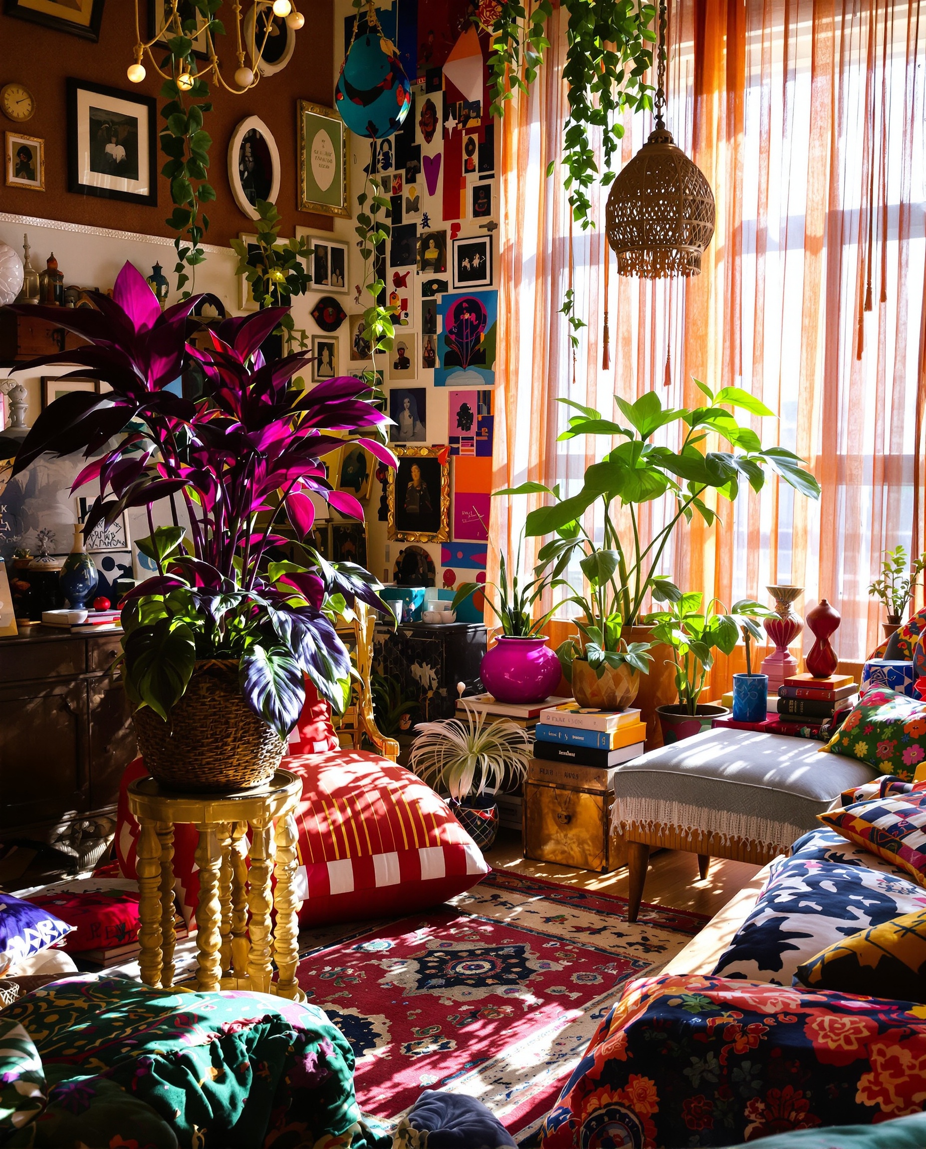 Un intérieur éclectique style bohème avec une plante longtemps jugée 'porte-malheur' placée en évidence, ambiance lumineuse et chaleureuse, objets dépareillés et touches de couleurs vives.