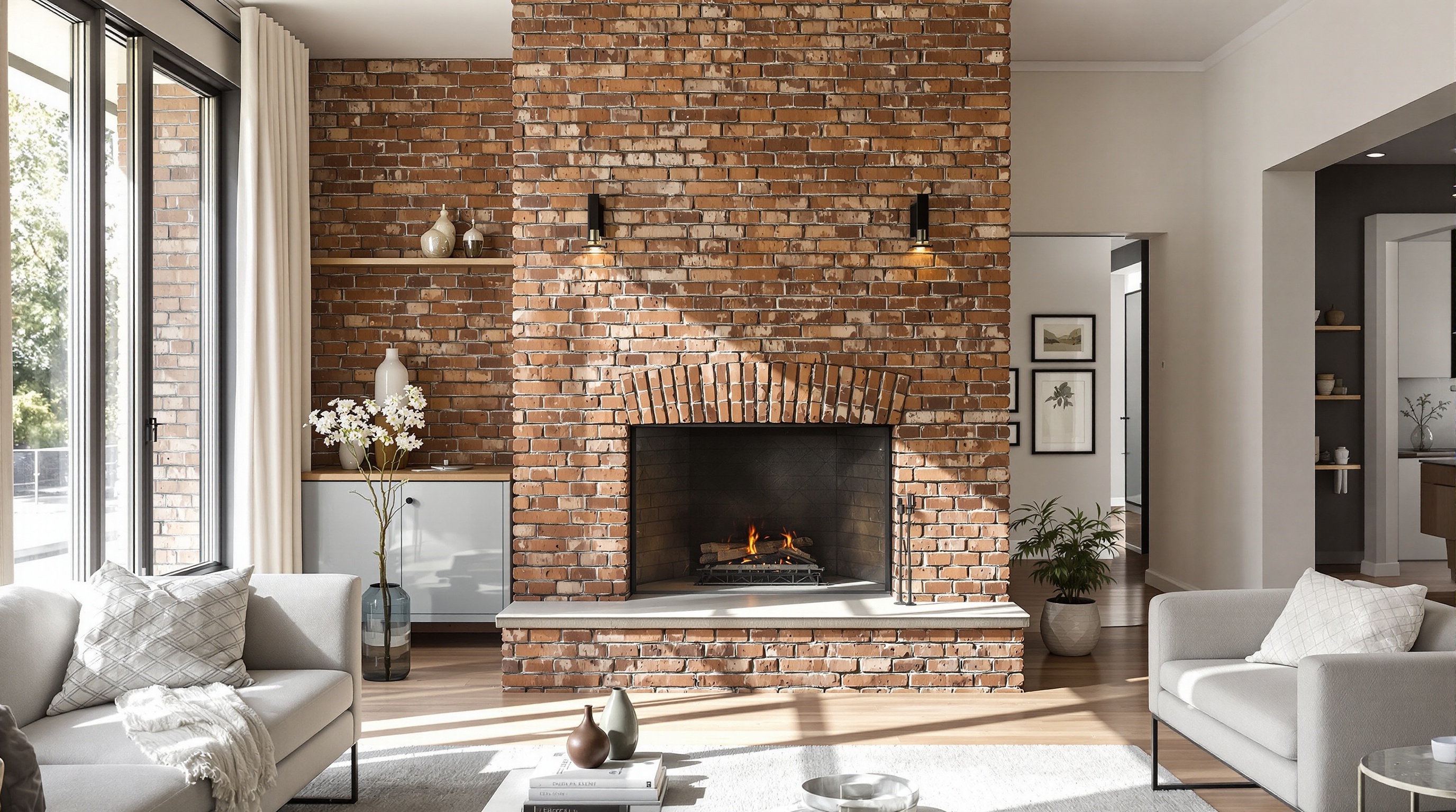 Cheminée en brique brute contrastant avec décor moderne.