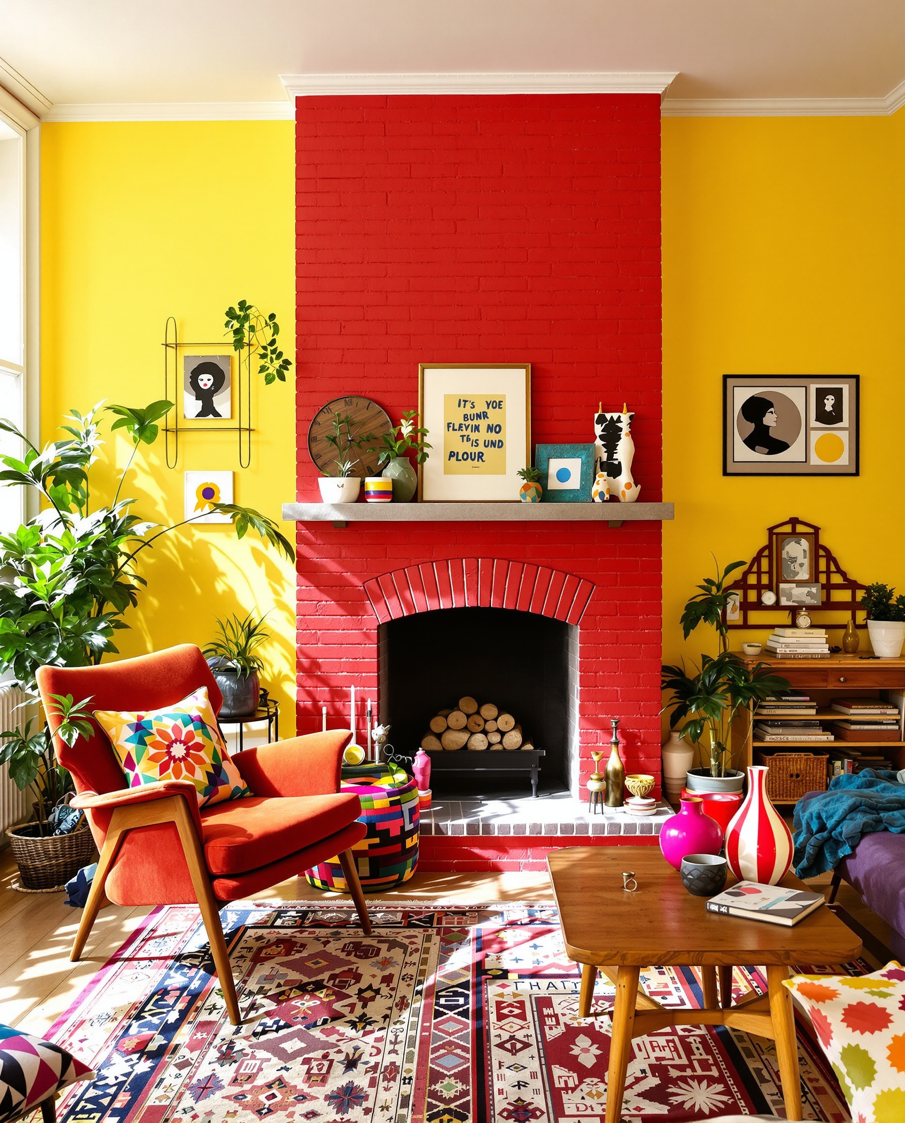 Cheminée en brique peinte rouge et jaune point focal déco vintage