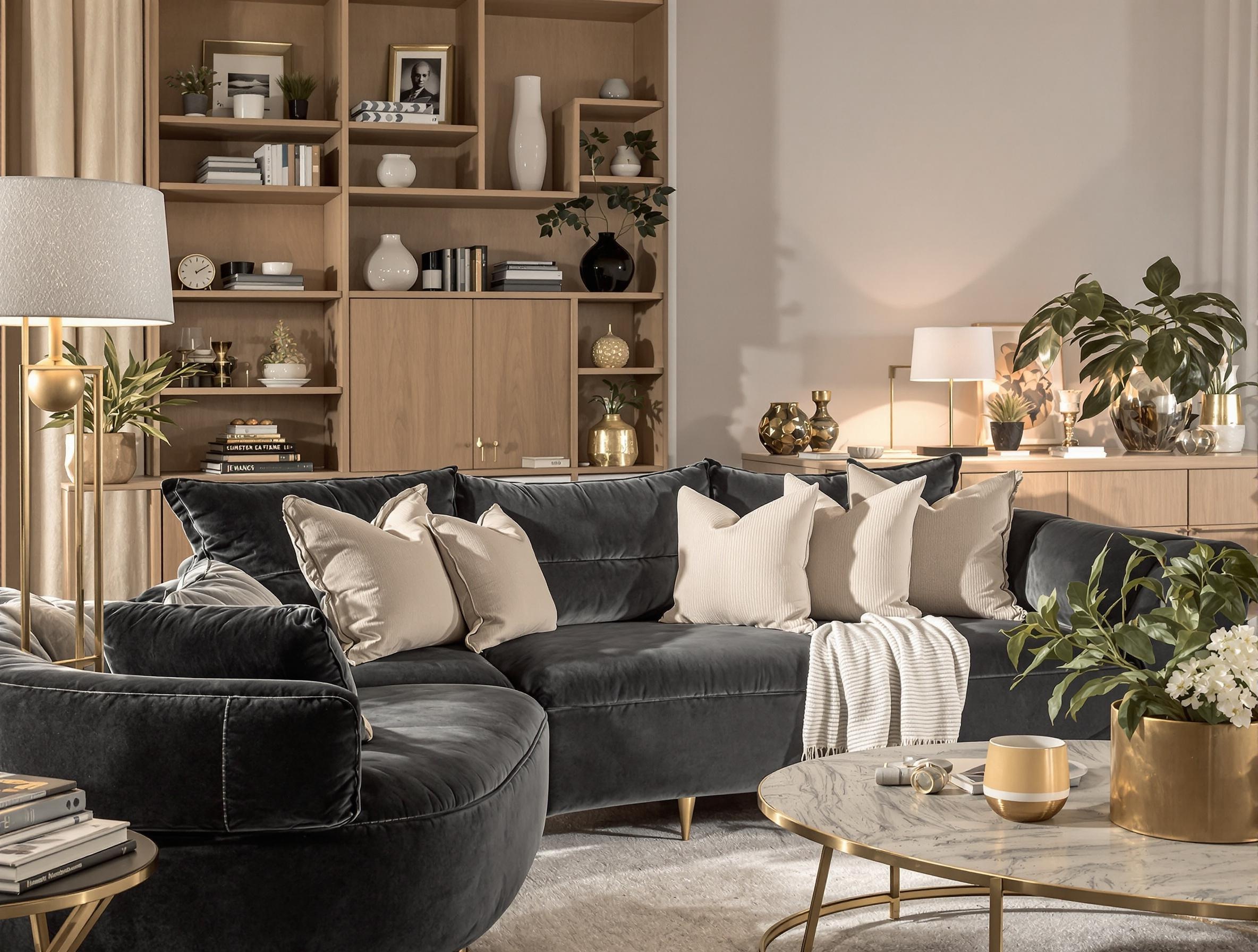 Un canapé en velours gris foncé accompagné d’accessoires en bois et métal doré