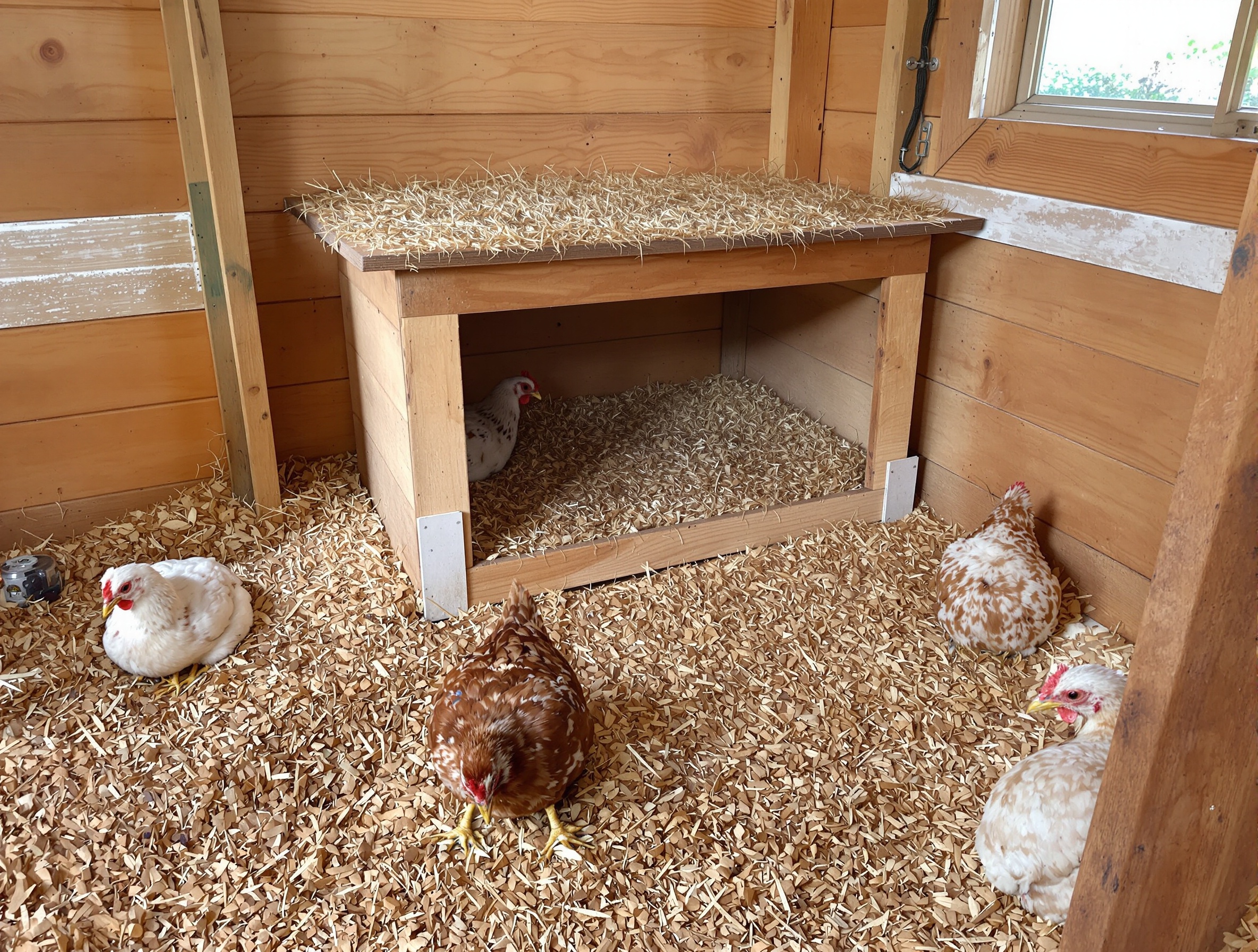 Vue intérieure d'un poulailler impeccable, bien entretenu, avec litière sèche et pondoir garni de paille.