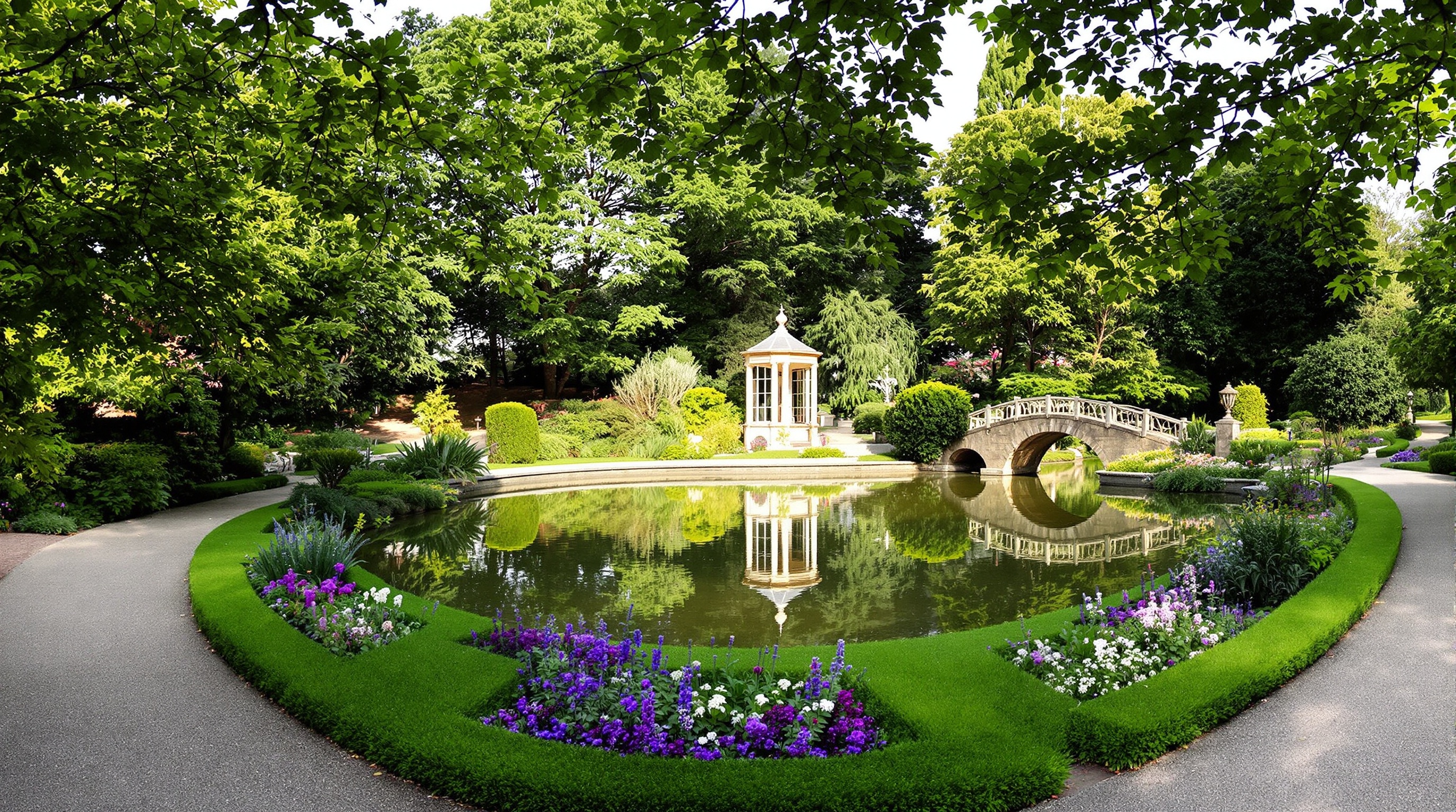 Vue panoramique classique d'un jardin anglais avec allées courbes, étang et fabrique style Stowe