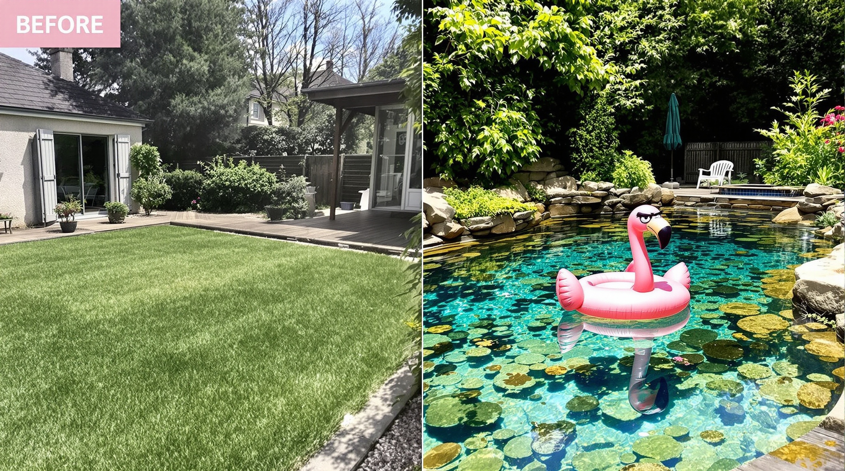Avant/après création piscine naturelle avec flamant rose boudeur