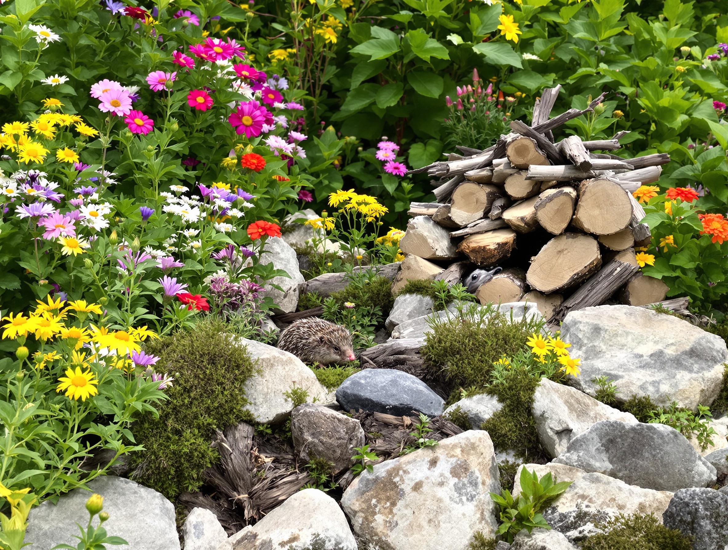 Jardin accueillant la biodiversité avec tas de bois et rochers pour hérissons et crapauds