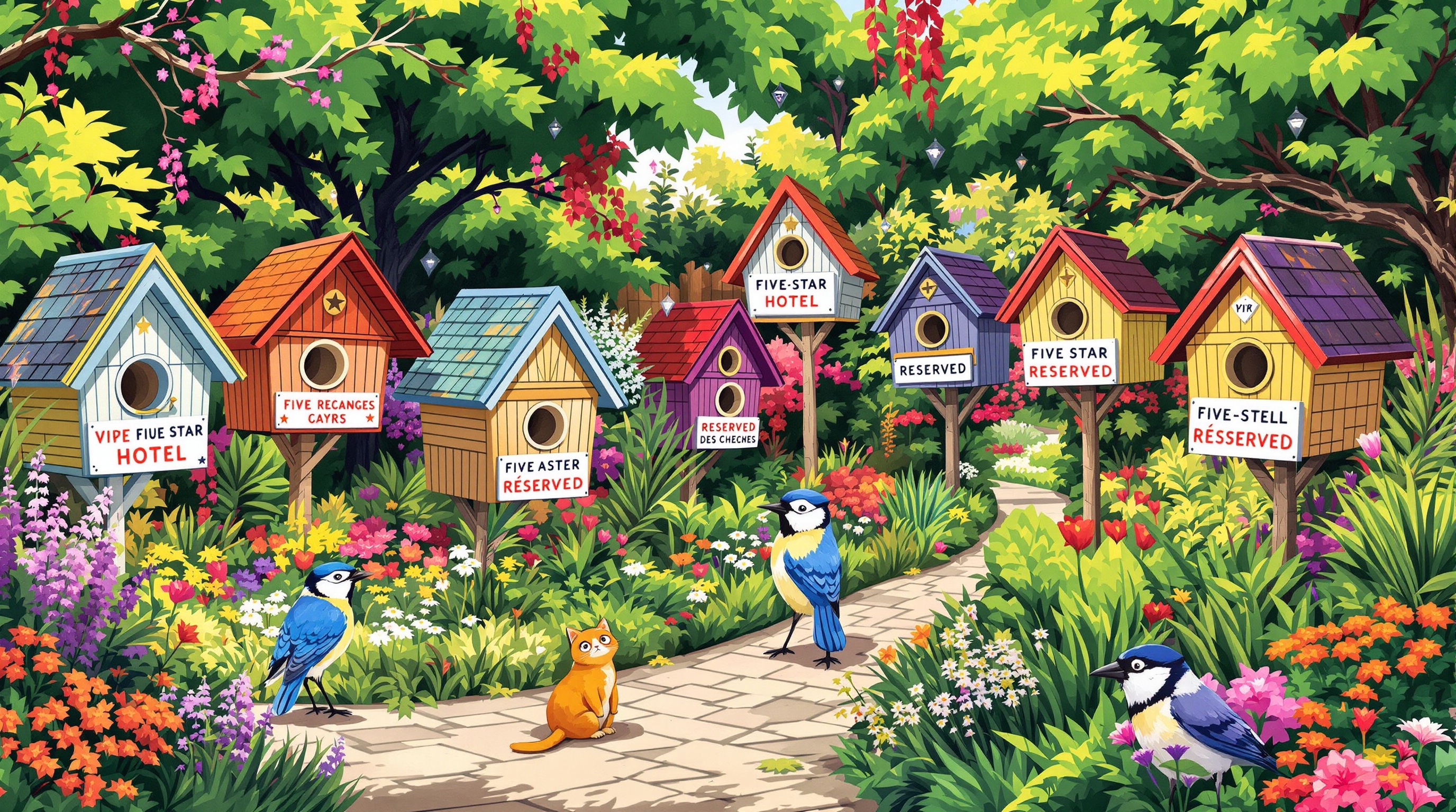 Nichoirs colorés pour un jardin accueillant les oiseaux bleus.