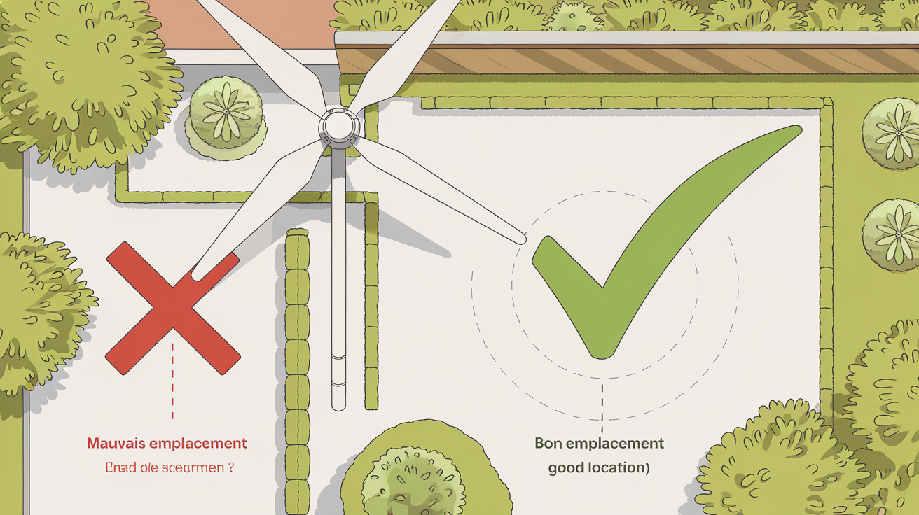 Choisir emplacement éolienne jardin croix rouge près mur coche verte zone dégagée réaliste didactique
