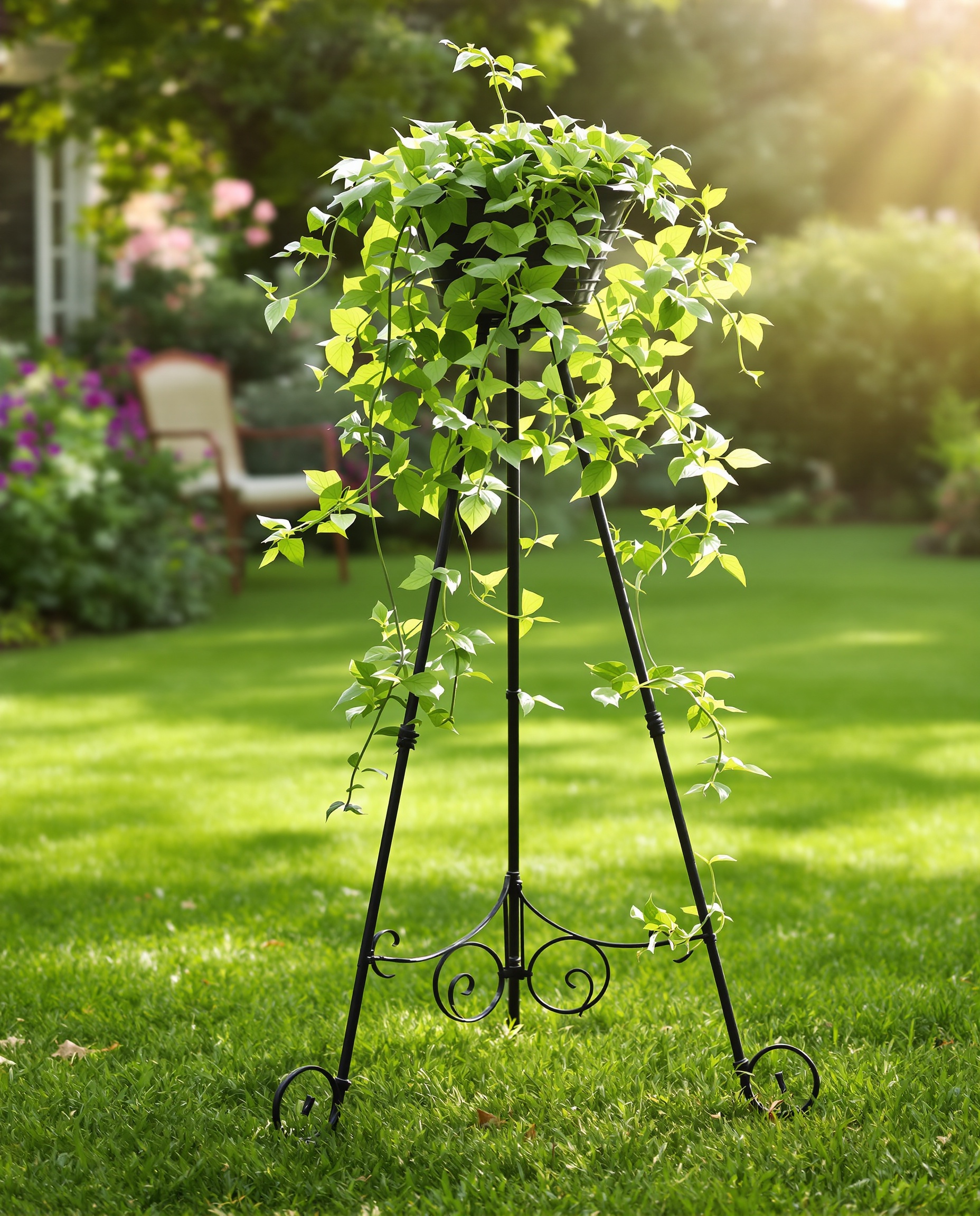 jardin support trépied fer forgé centre pelouse point focal poétique