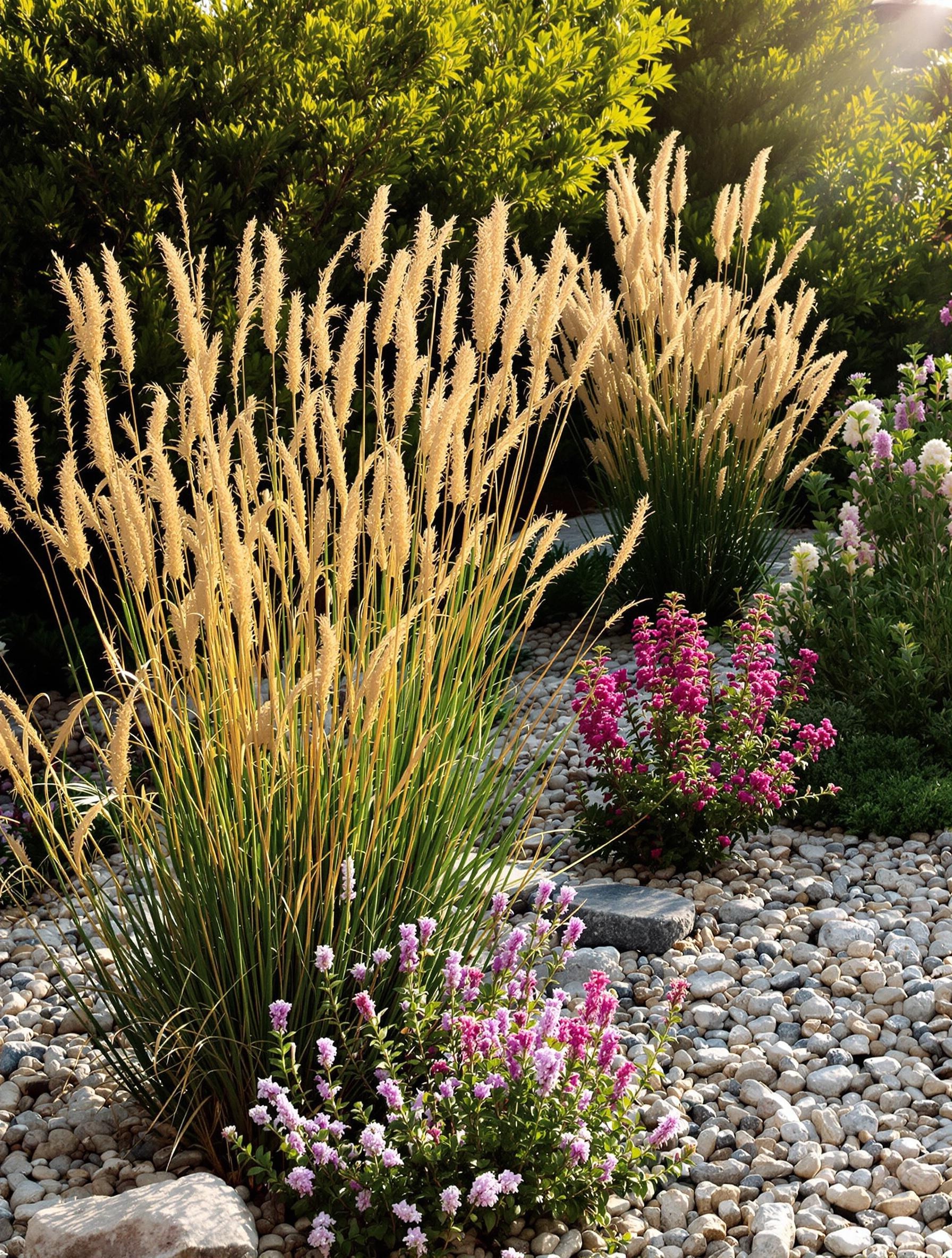 Jardin méditerranéen avec Euphorbia characias, Stipa tenuissima et Cistus x purpureus au coucher de soleil