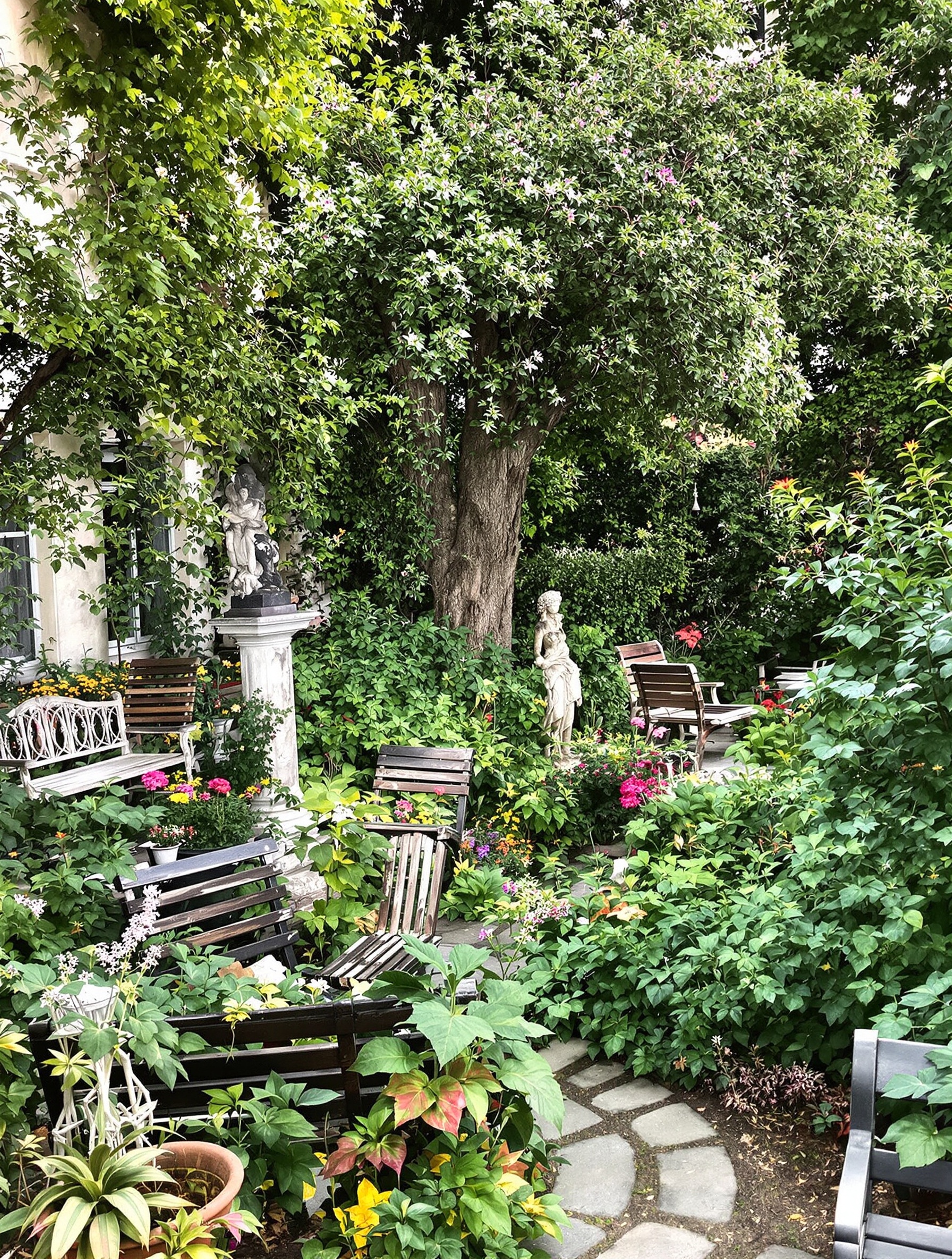 vue éclectique jardin parisien anarchique bancs dépareillés