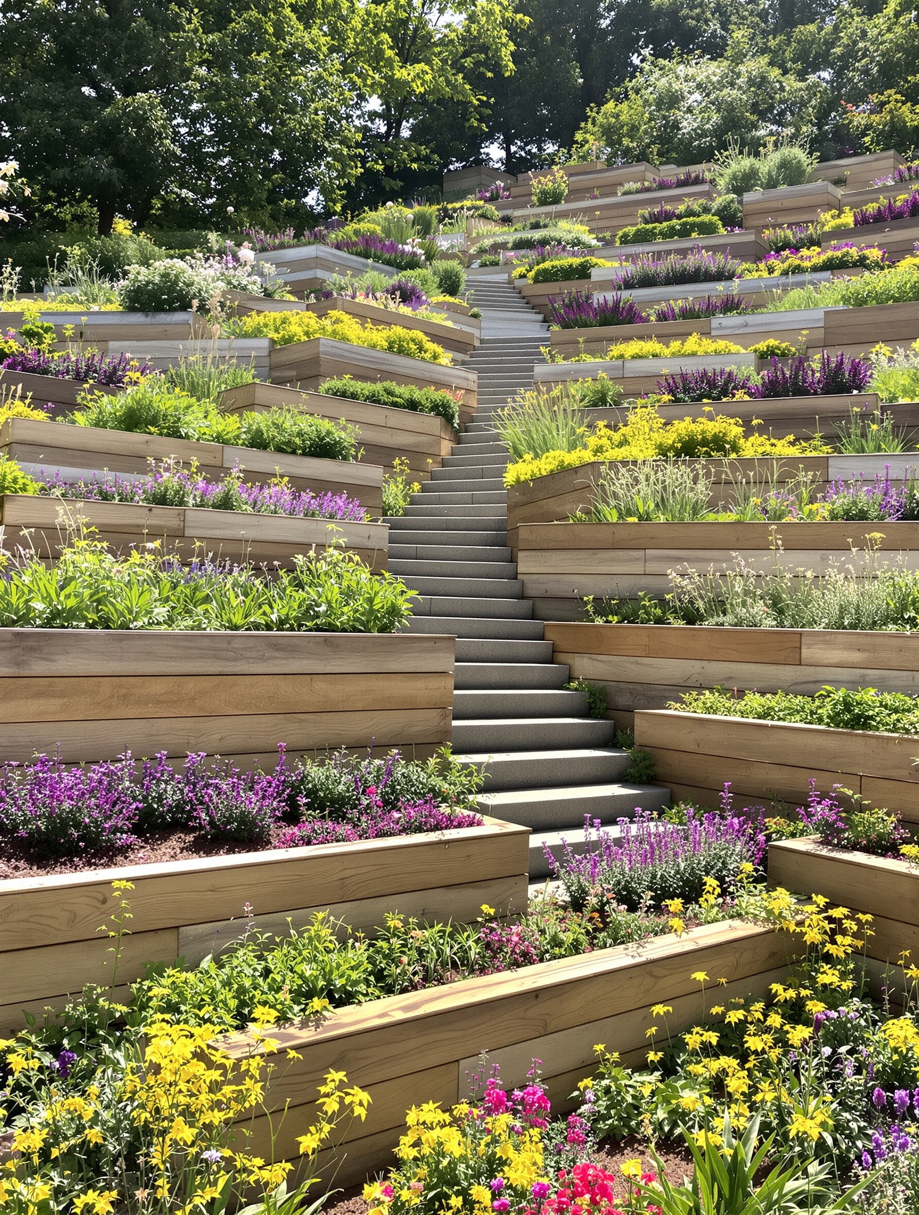 jardin en pente restanques murets escalier couvre-sol colorés